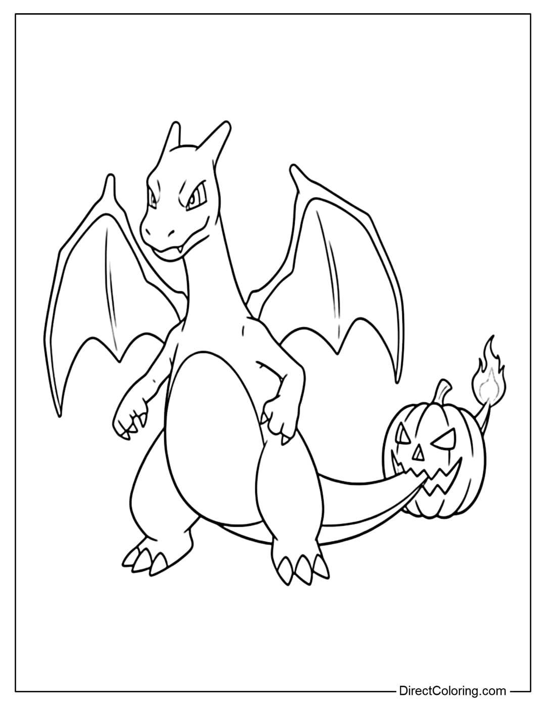 Charizard coloring page is bitten by a Halloween pumpkin with a carved face.