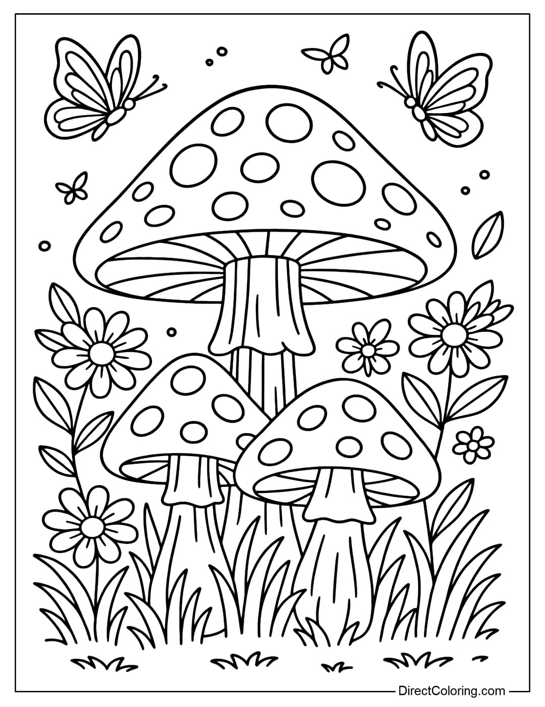 Mushroom with Butterflies Coloring Page Coloring page of red-orange mushrooms growing next to green and yellow flowers, butterflies flying everywhere.