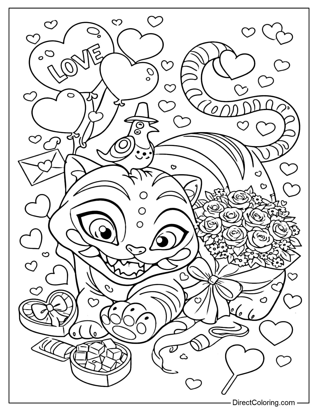 Coloring page of Tiger Derpy and bird Sussie in a vibrant Valentine's Day setting, surrounded by heart-shaped balloons, roses, chocolates, and sweet gifts.