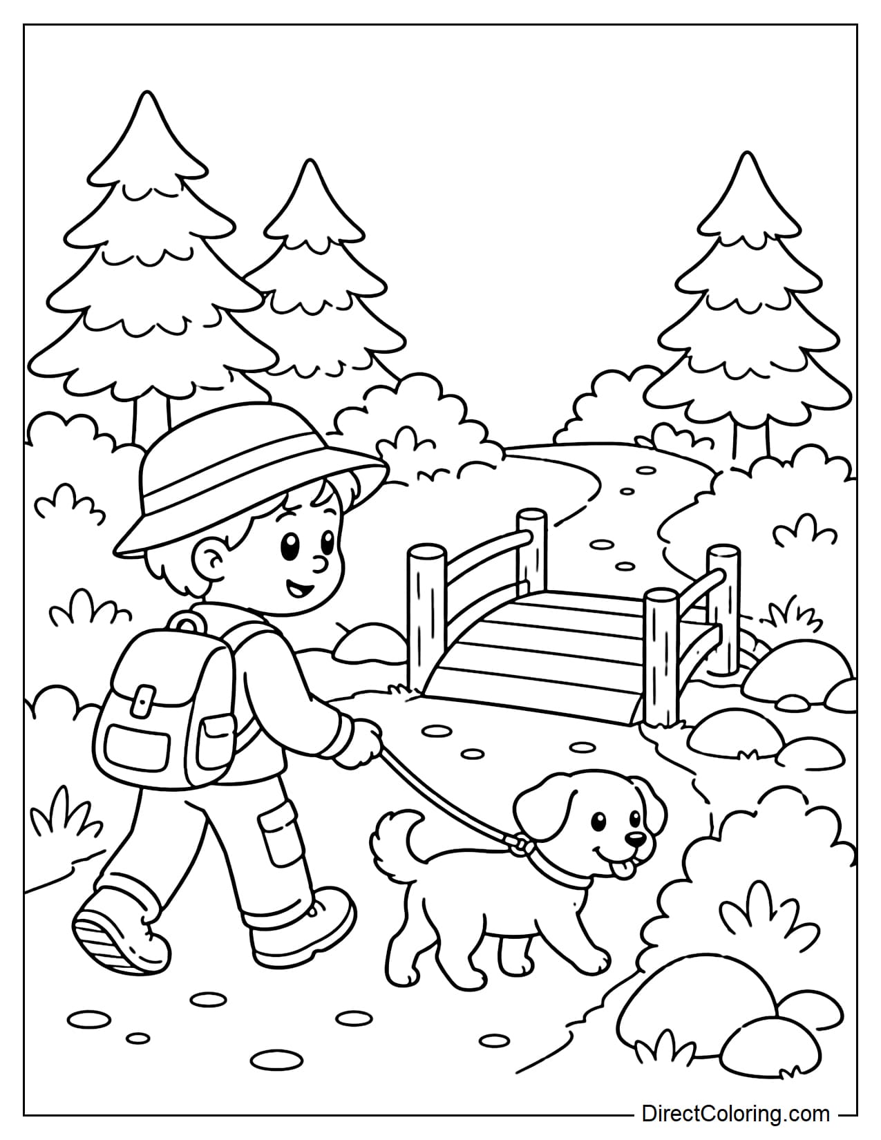 A boy wearing a hat and backpack walks with a small dog on a trail. Ahead is a low wooden bridge, surrounded by some bushes, round stones, and pine trees.