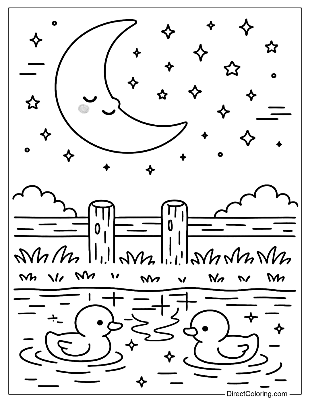 Coloring page of the fence by the river, reflecting the starry sky, a pair of ducklings swimming under the moonlight.