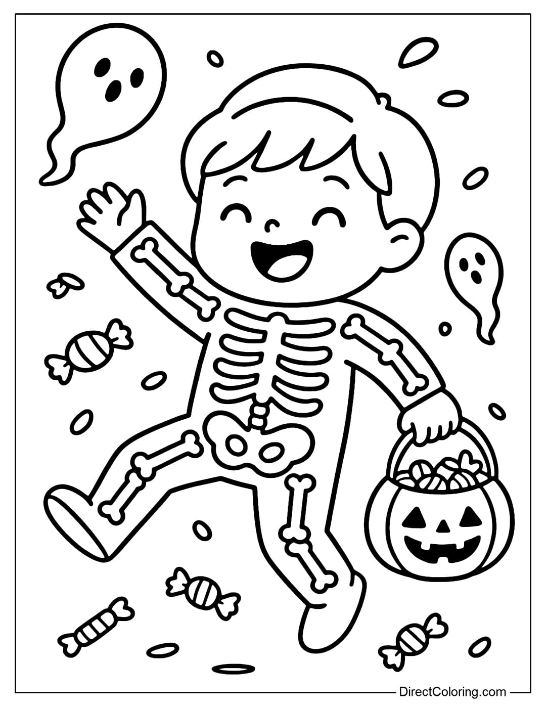 A coloring page of a boy in a glowing skeleton costume, dancing with a candy basket, surrounded by ghost-shaped balloons and falling candy.