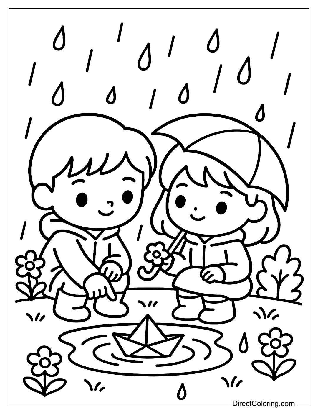 Coloring page of two little friends sitting by a puddle, floating paper boats in the rain, with some flowers and shrubs in the background.