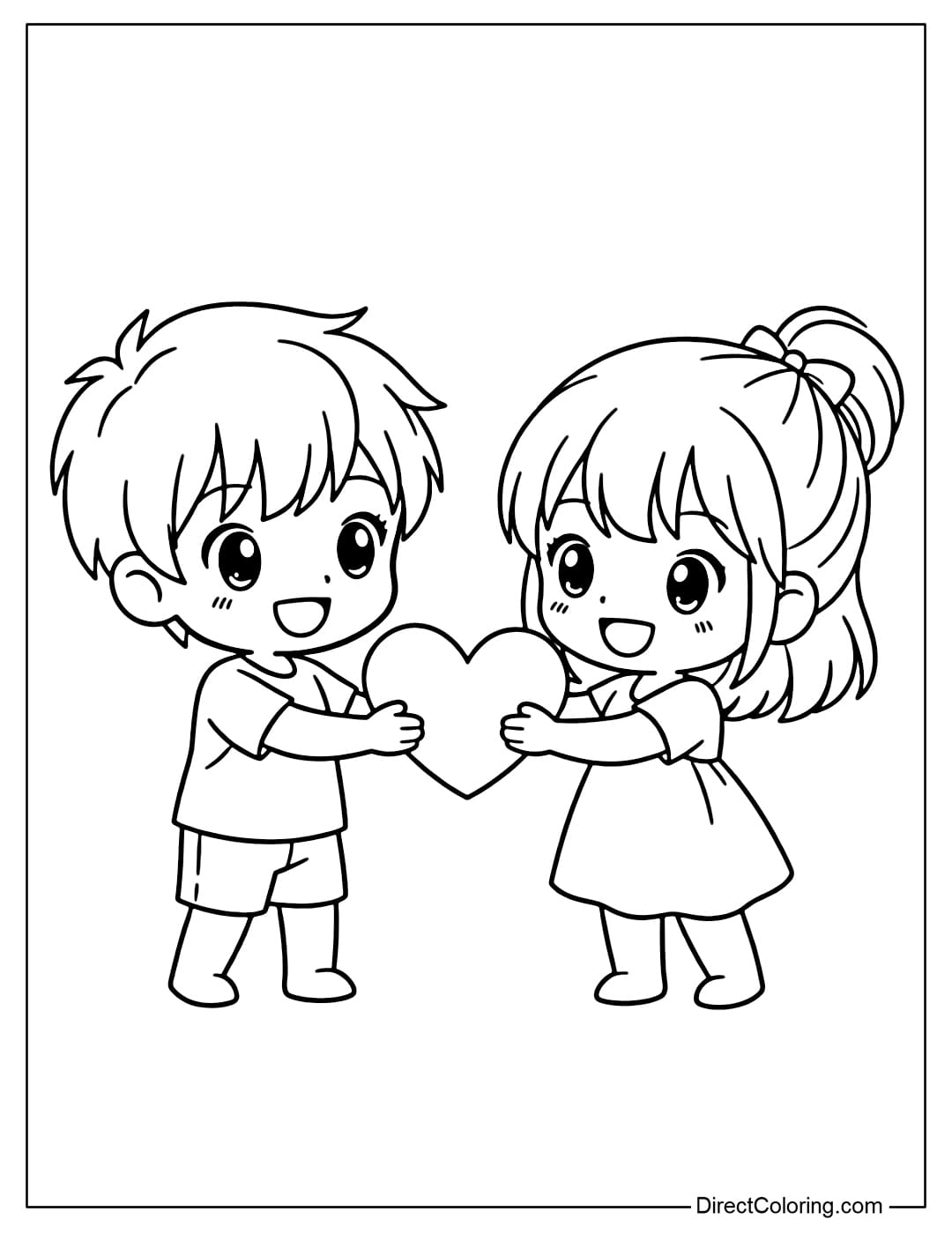 A coloring page of two children exchanging hearts, with happy and friendly expressions.