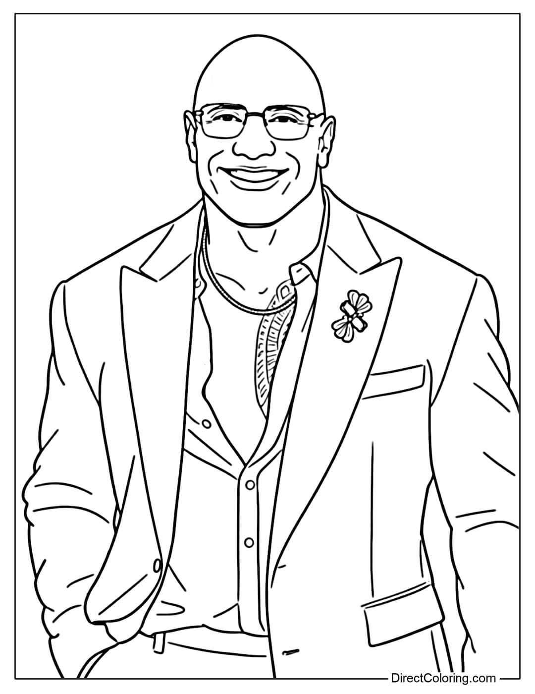 A coloring page of Dwayne The Rock Johnson wearing a luxurious suit with a bright, friendly smile, confident and elegant.