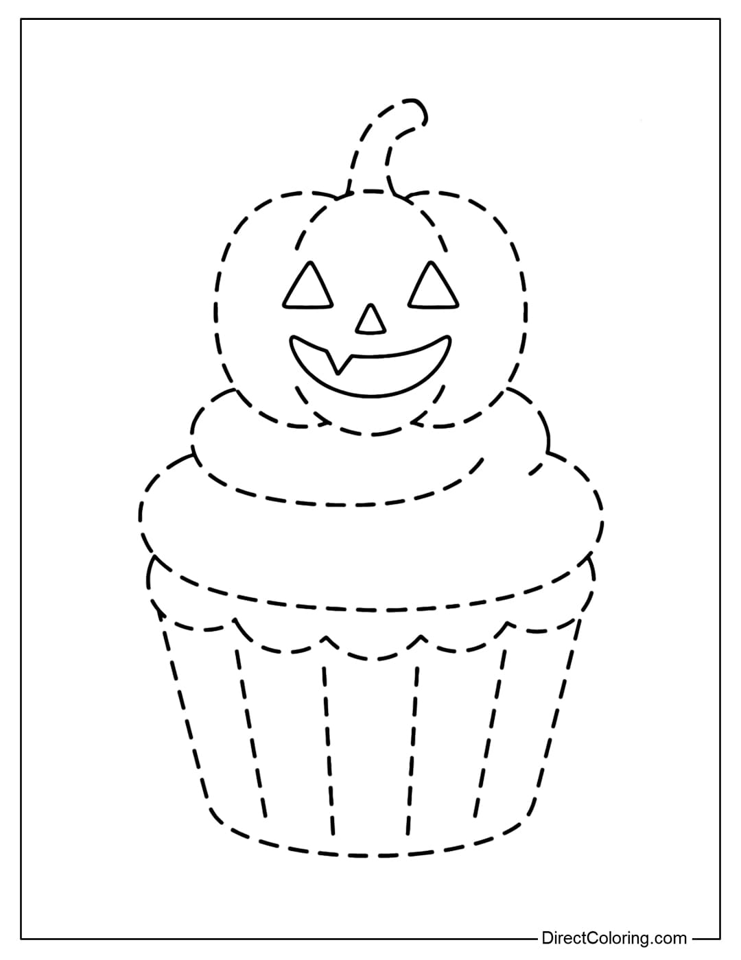 Tracing cupcake coloring page with a small pumpkin face.