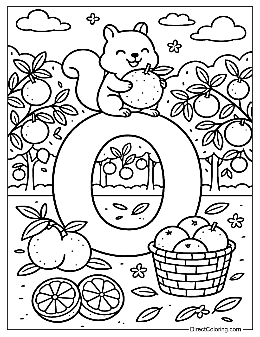 Letter O coloring page is big, round and plump, surrounded by a bright summer orange garden.