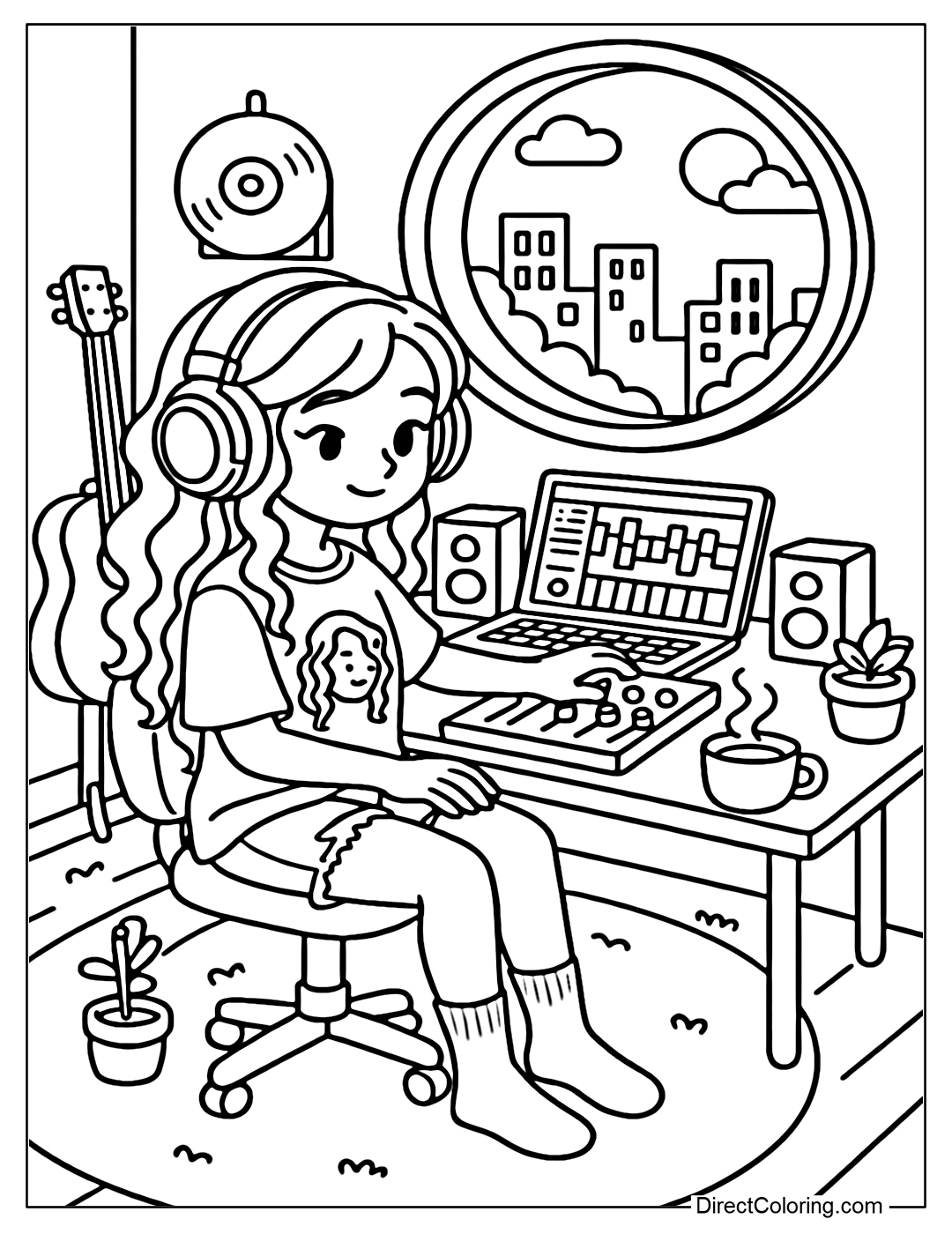 Coloring page of a modern young girl's creative musical corner.