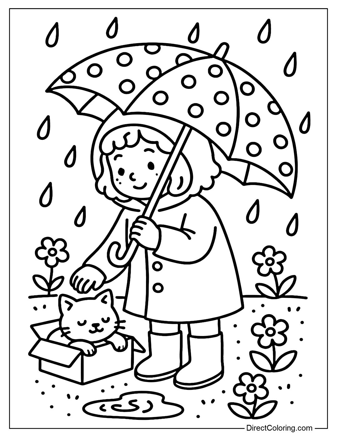Coloring page of a girl wearing a raincoat, holding an umbrella to cover a kitten sitting in a cardboard box, light rain drops.