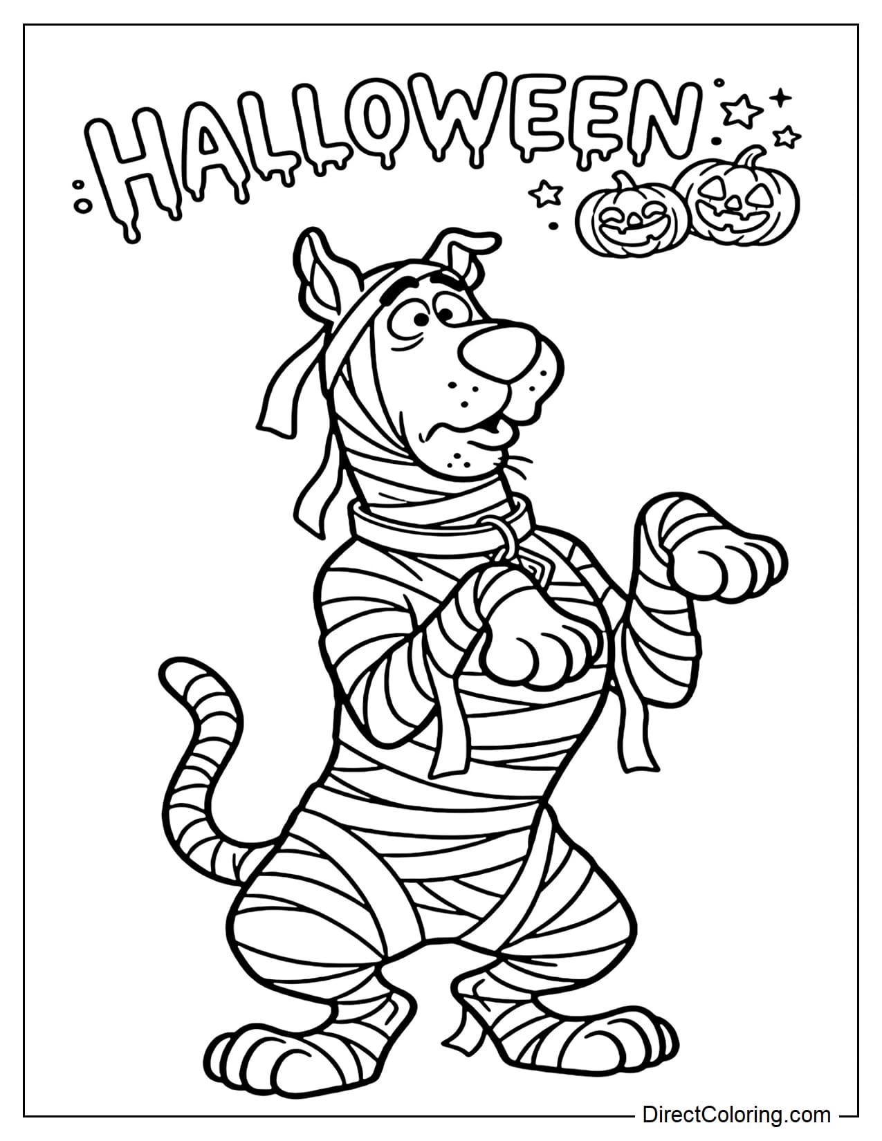Scooby-Doo is wrapped with several mummy bandages like a cute mummy character, standing with a funny and slightly confused expression, with the word 