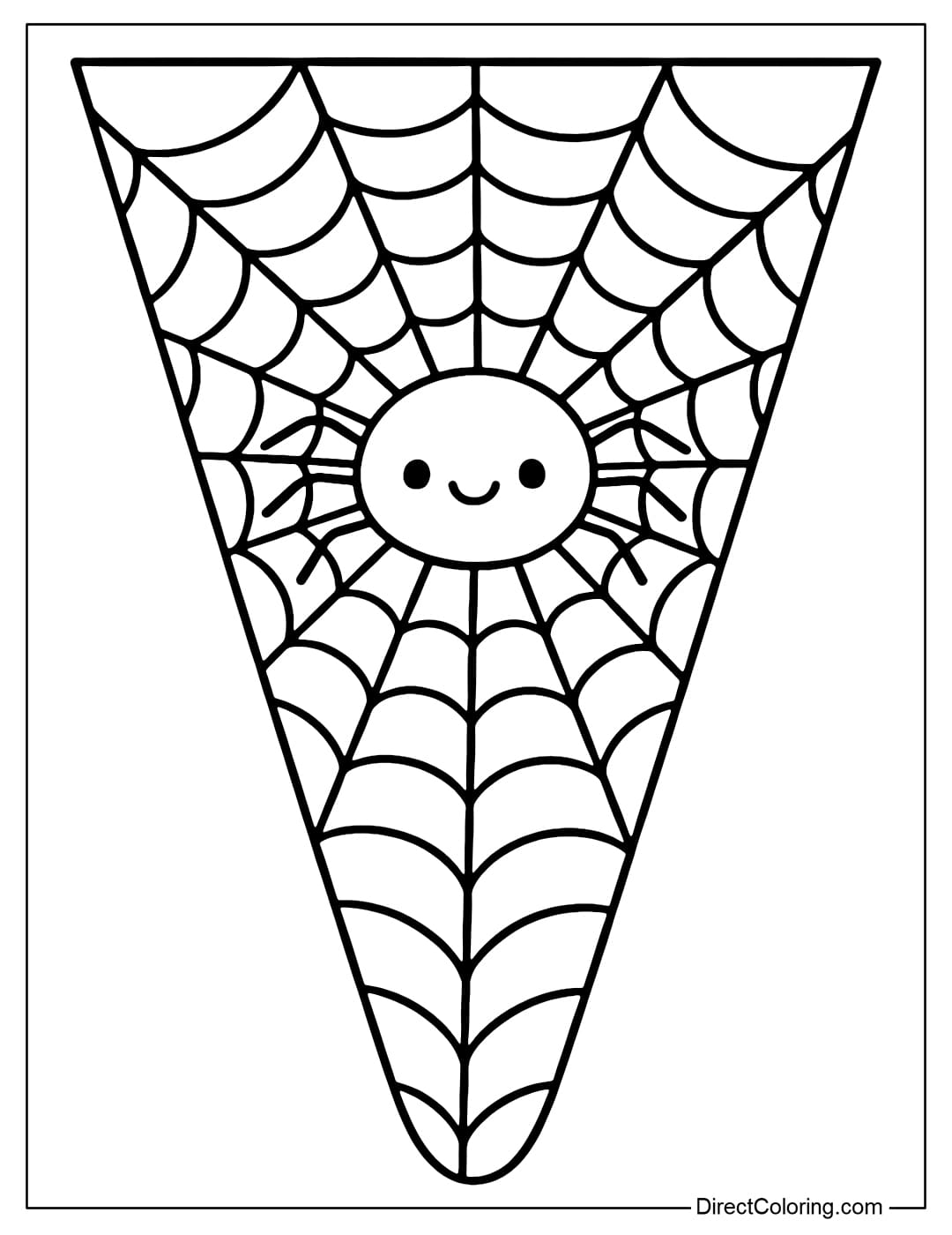 Halloween decorative flag coloring page in triangular shape, spider web pattern, in the middle is a small smiling spider.