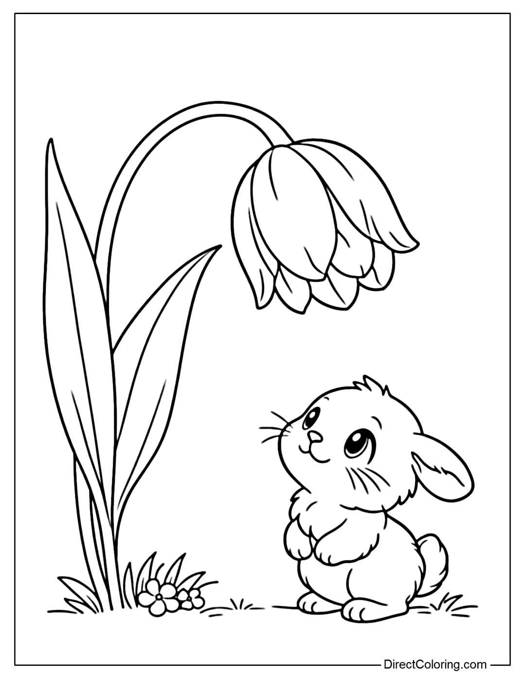 A coloring page of a tulip gently bowing as if greeting, with a cute little bunny looking up at the flower below.