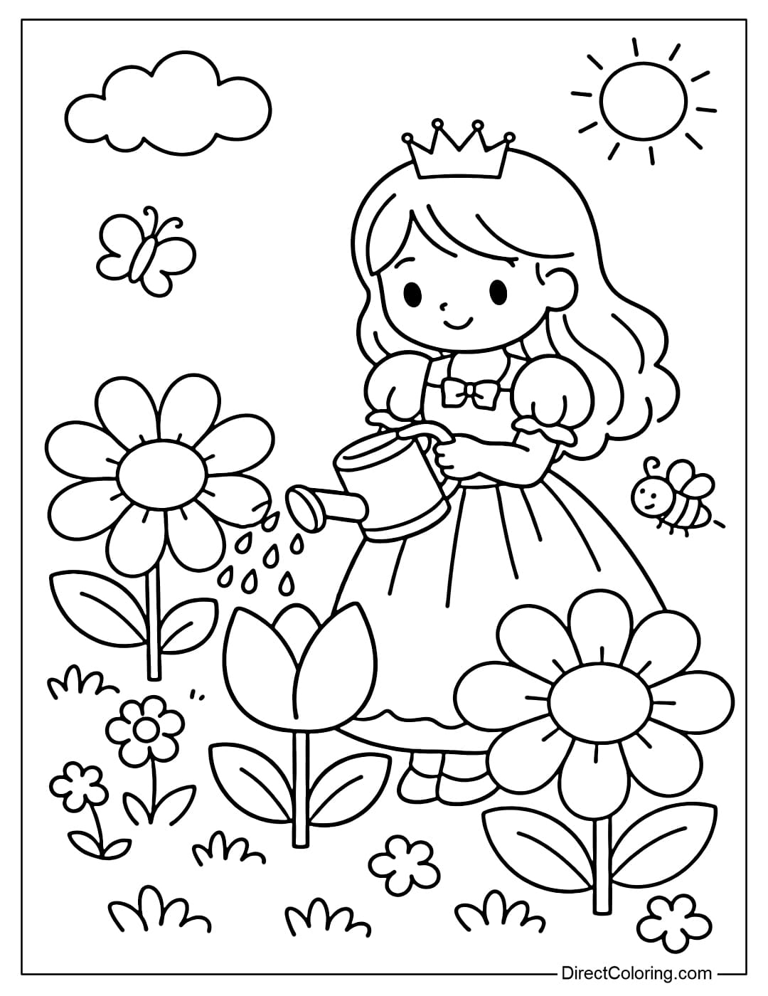 A coloring page of a princess watering large flowers with a simple design.