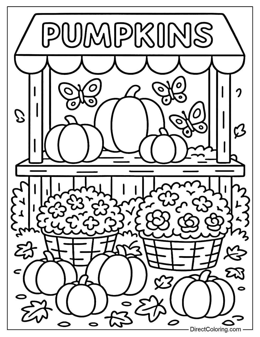 A pumpkin stall coloring page at a fall market, filled with baskets of pumpkins.