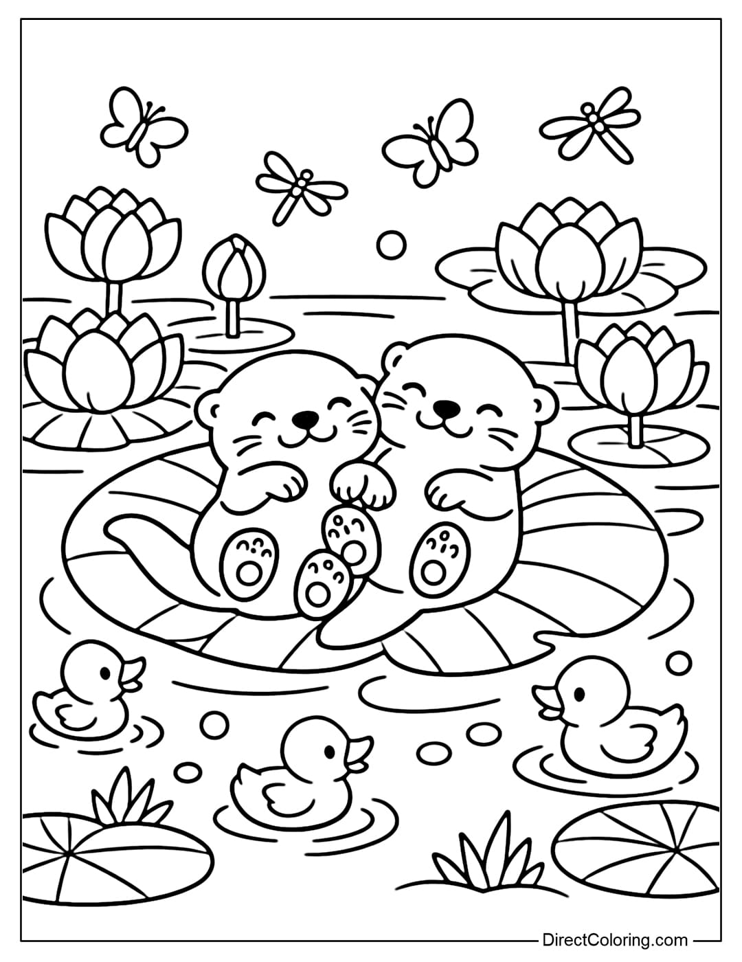 Coloring page featuring two little otters sitting on lotus leaves in a spring pond, surrounded by round flowers and a few ducklings.