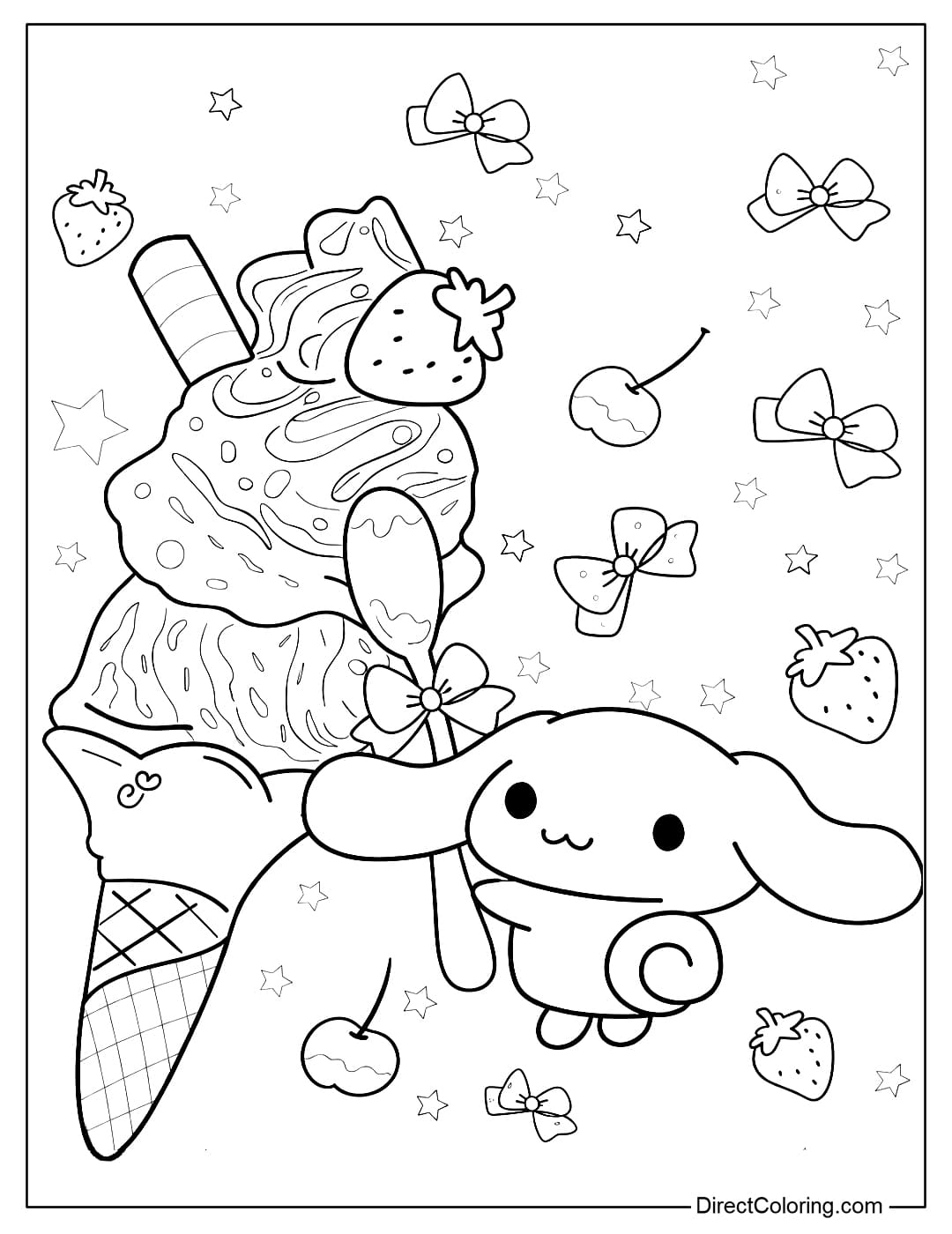 A cute Cinnamoroll standing next to a giant multi-tiered ice cream cone, decorated with strawberries, bows, stars, and small fruits.