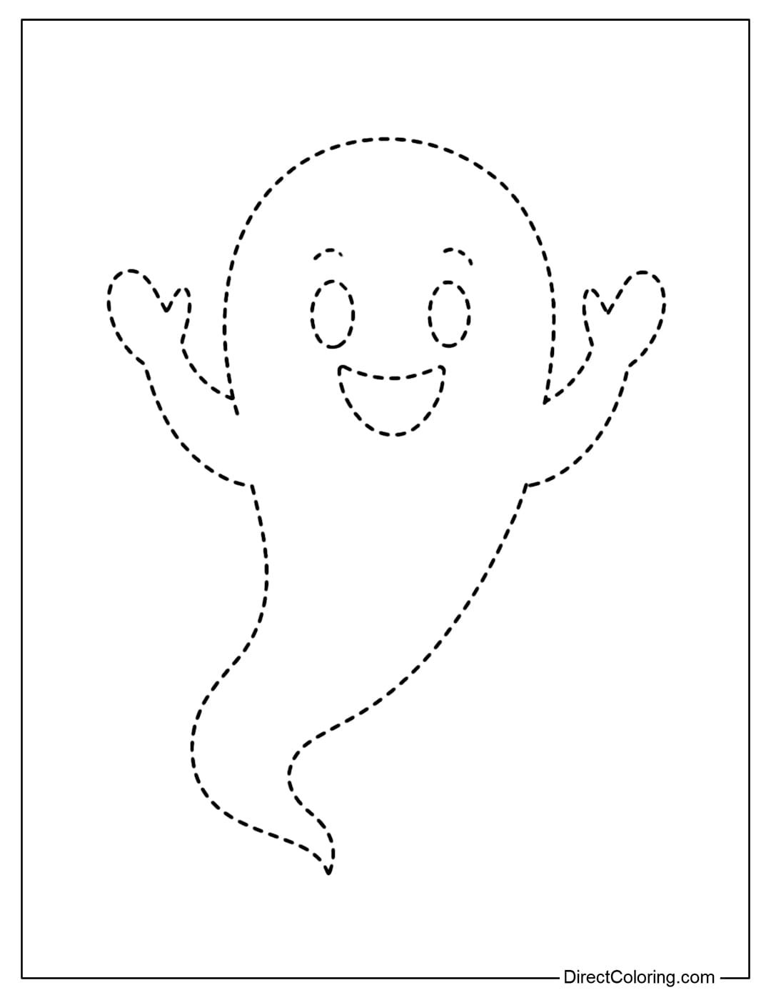 A lovely ghost tracing coloring page flying with its arms raised and a happy face.