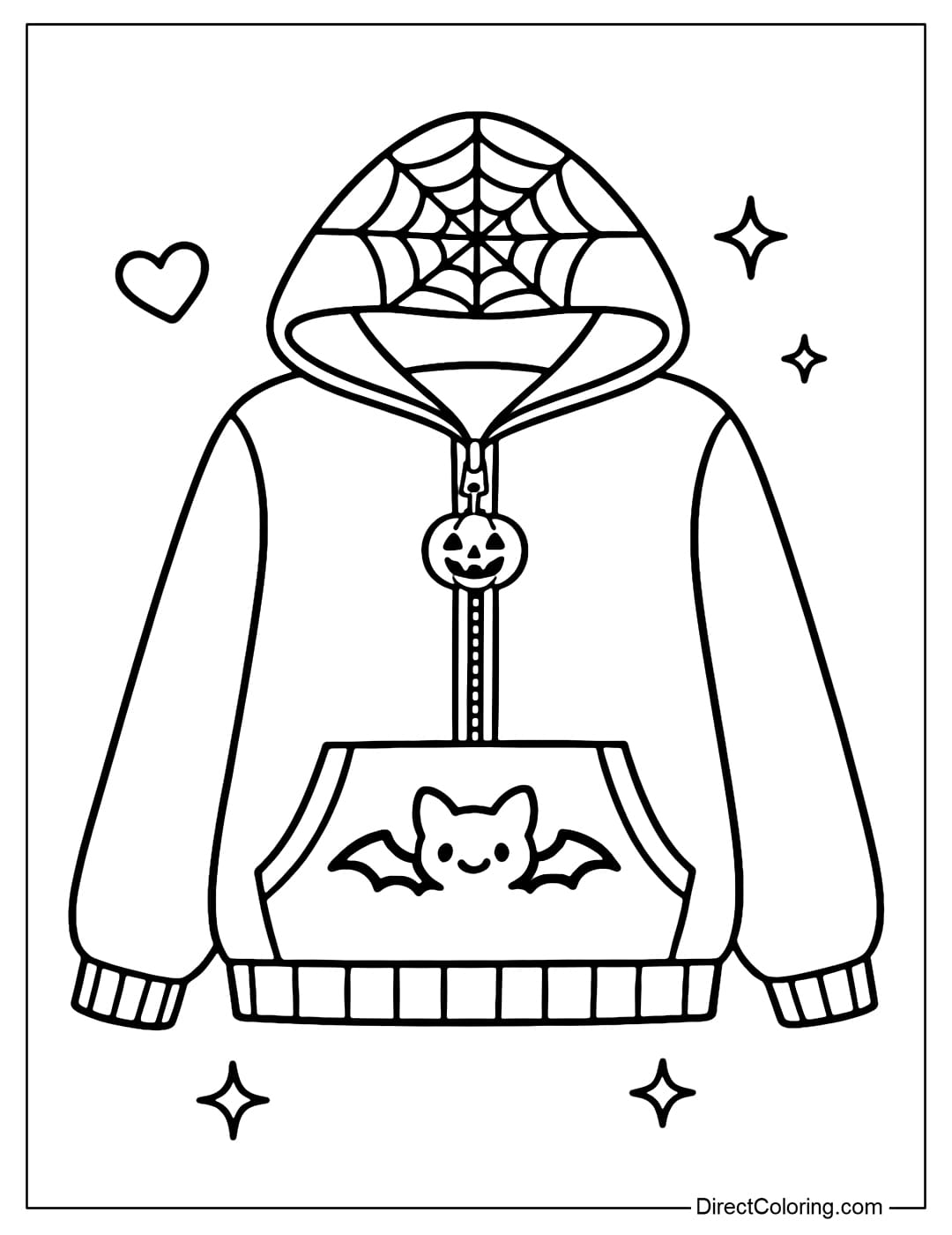 Coloring page for a modern hoodie, spider web print, pumpkin charm on the zipper, and a cute bat on the pocket.