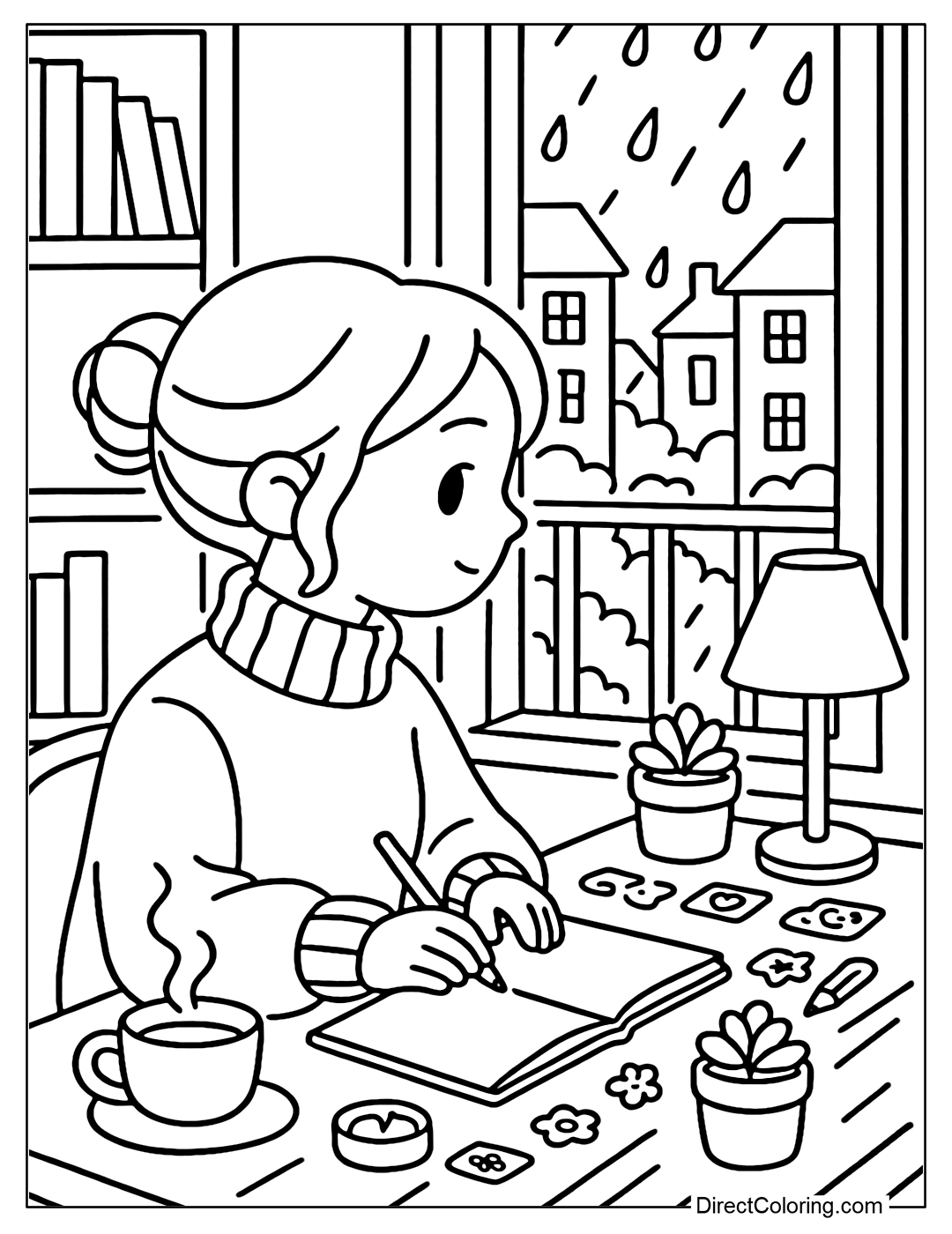 Coloring page of a girl sitting at a table next to a window looking out onto a rainy street. On the table is a cup of tea, an open notebook, a small potted plant, stickers, and a table lamp.
