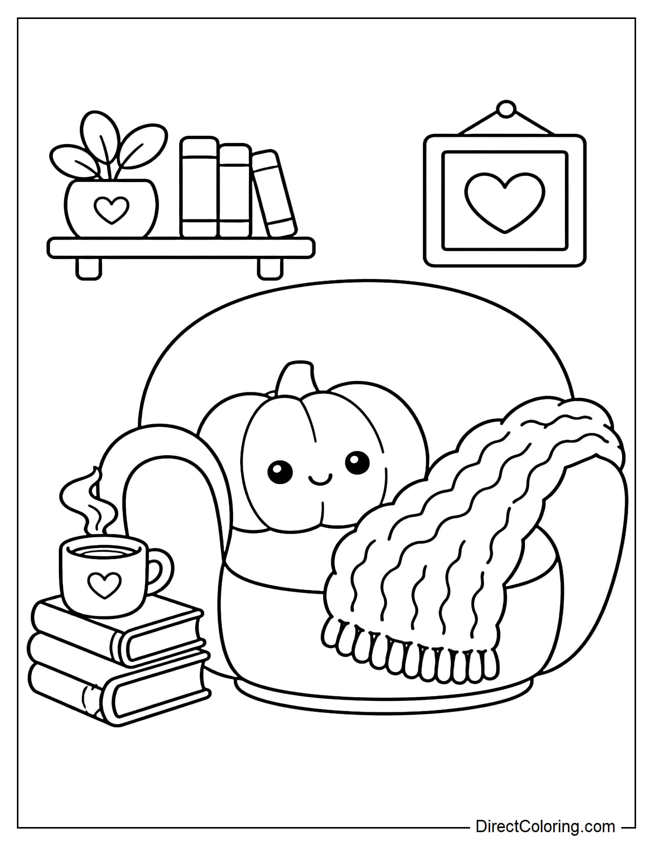 A cozy reading corner features a round armchair with a pumpkin-shaped pillow and soft blanket, with a small stack of books and a cup of hot cocoa beside it.