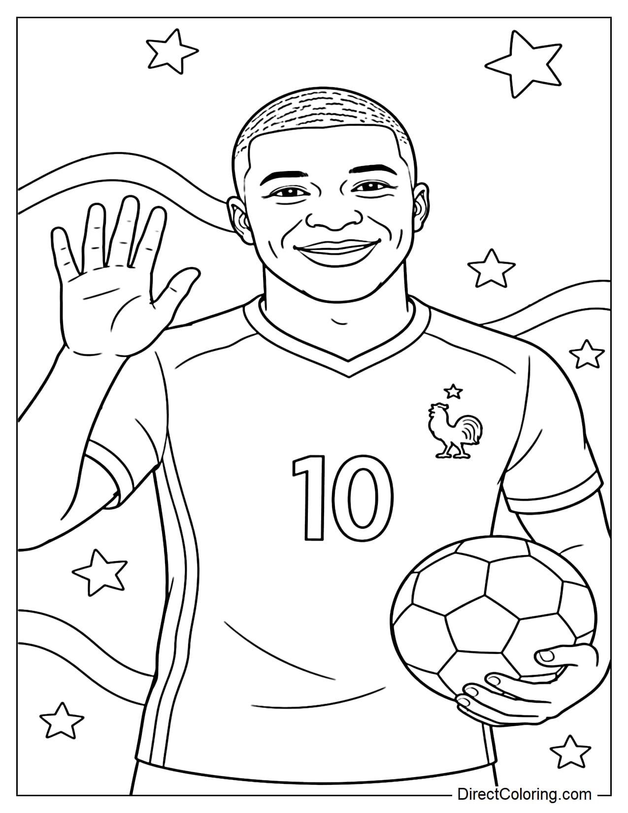 Kylian Mbappé's upper body is forward, one hand raised in a wave, the other holding a ball, with some stars behind him.