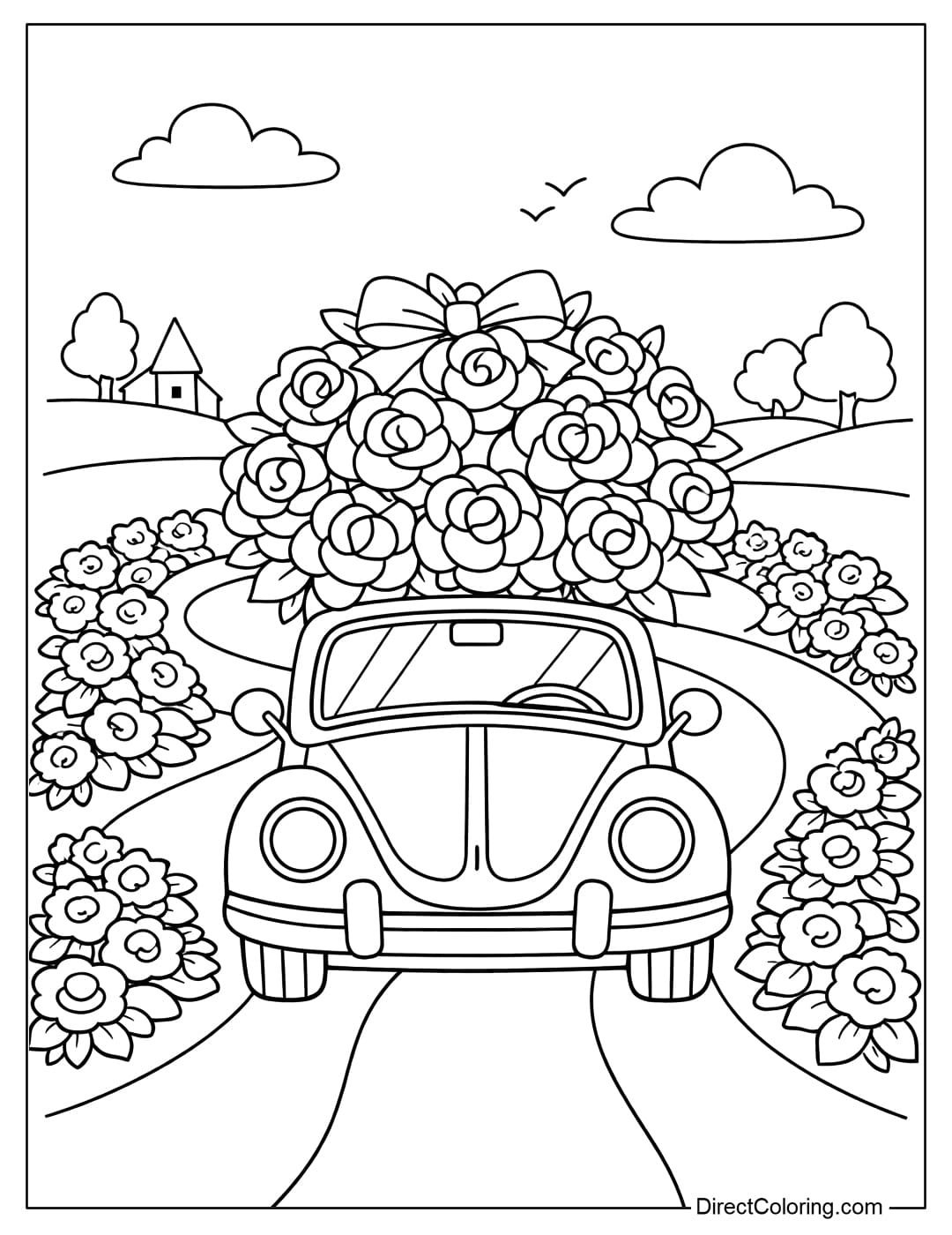 A coloring page of a cute vintage car carrying roses on its roof. Rose bushes line both sides of the road.
