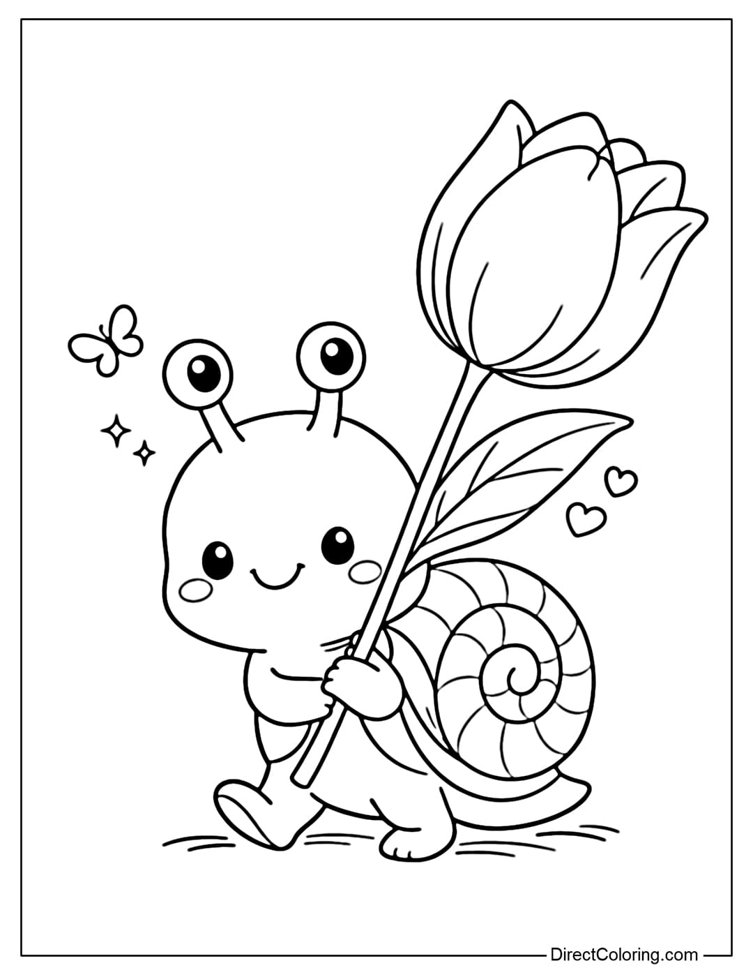 Coloring page of a cute little snail holding a large tulip, walking slowly and adorably.