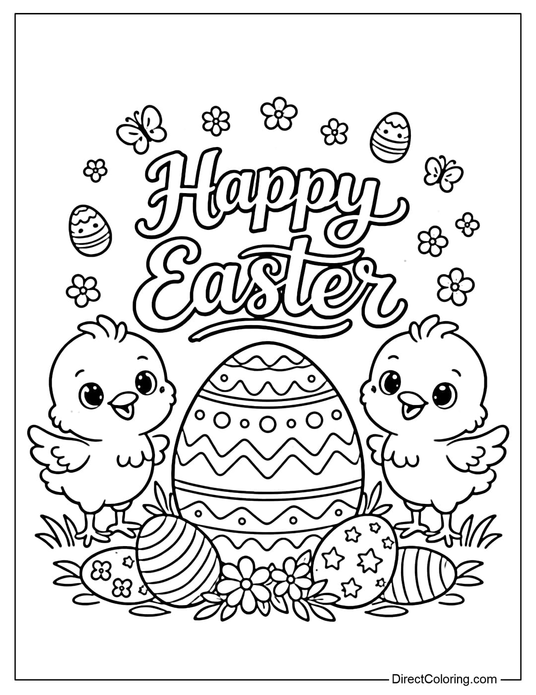 A coloring page of two cute chicks standing on either side of the words 