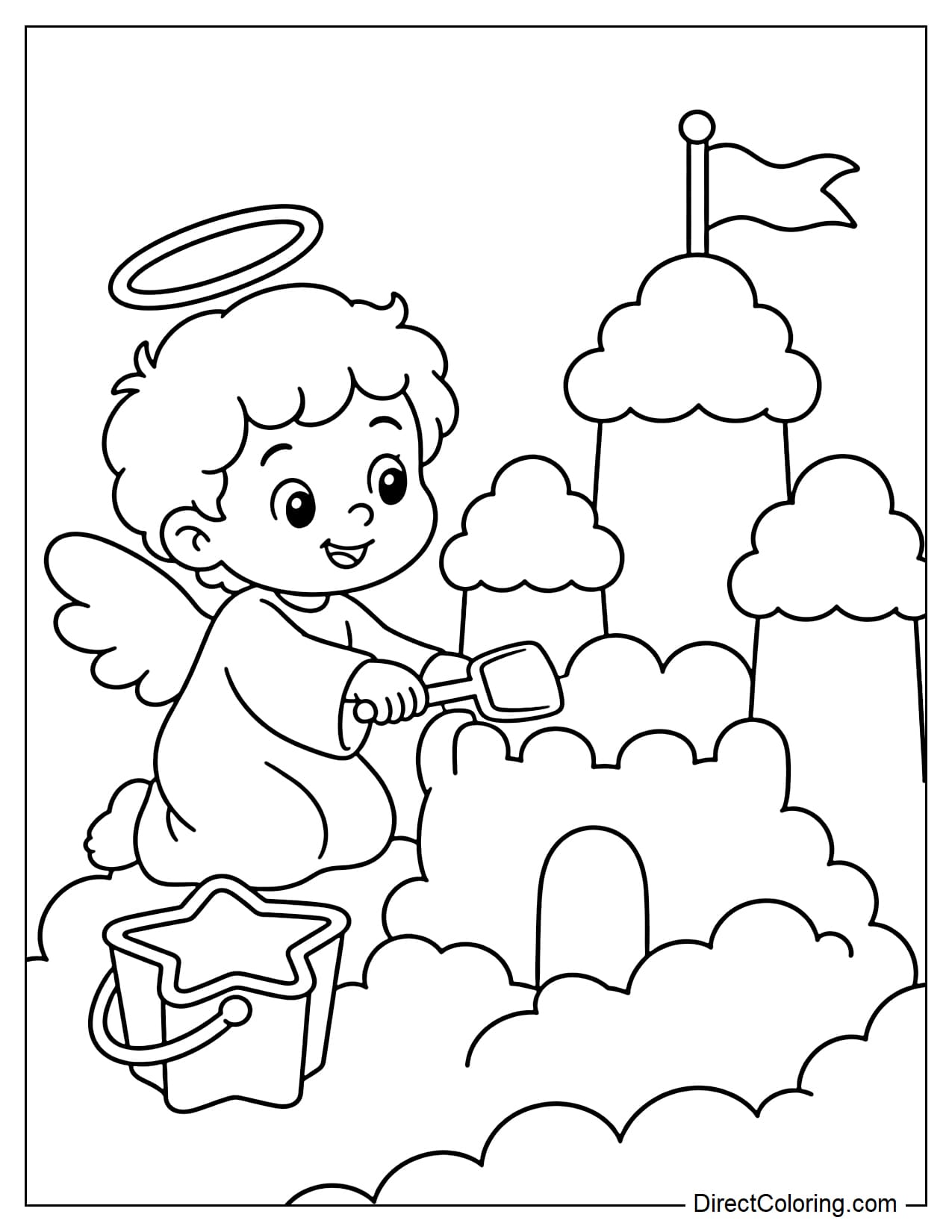 A little angel uses a toy shovel to build a cloud castle, accompanied by a star-shaped bucket and cloud towers.