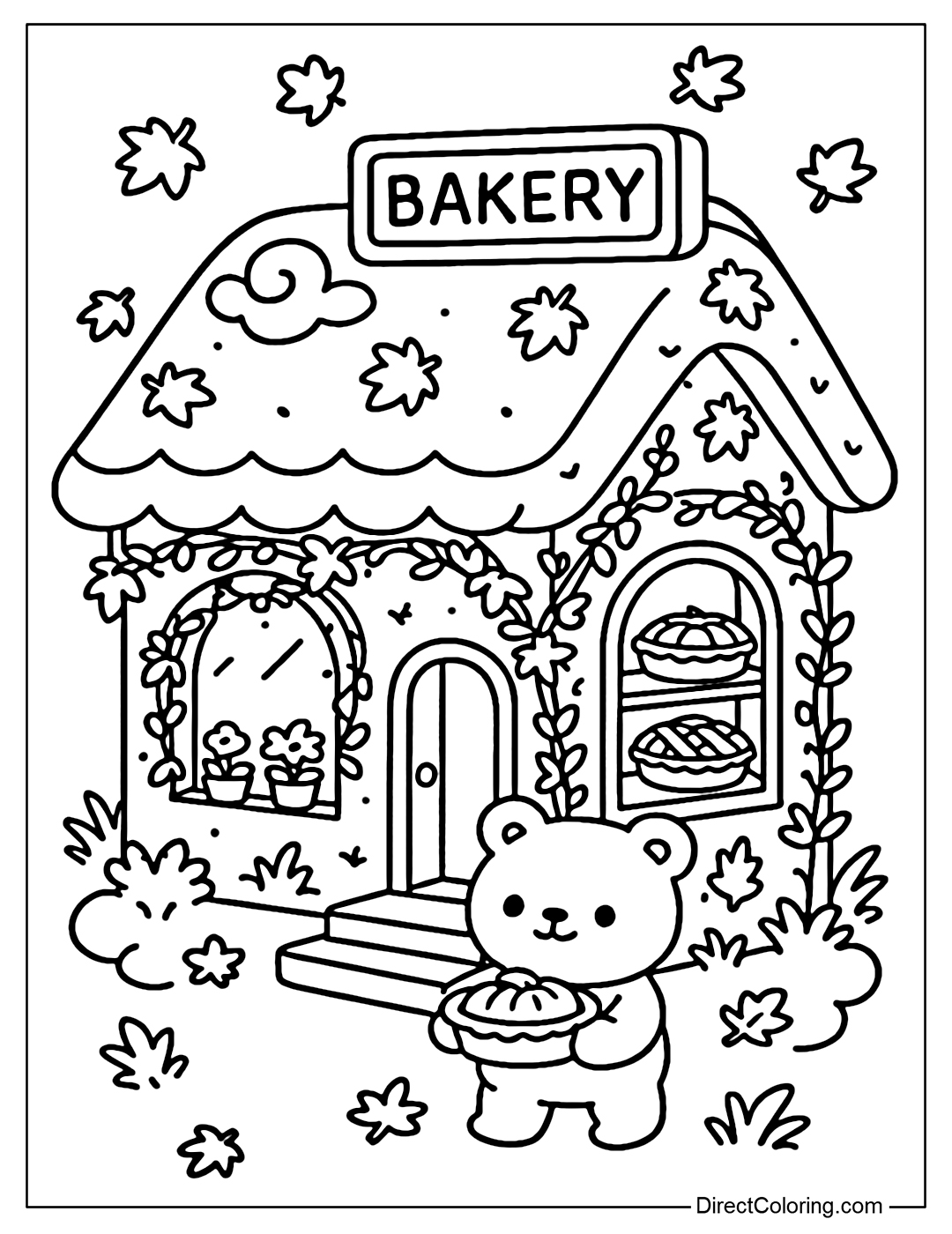 Autumn bakery coloring page diagonal right corner, maple leaf-wrapped door, grass on both sides; bear holding pumpkin pie; inside the shop see apple pie, pecan pie on warm shelves.