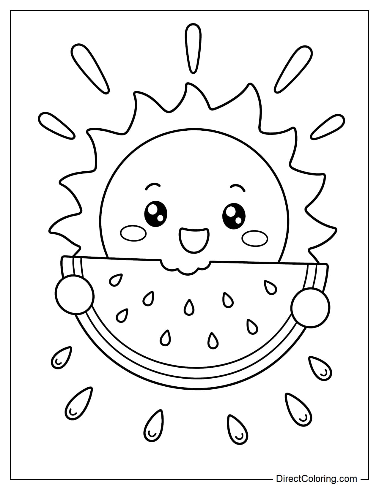 A lovely sun holding a large slice of watermelon, surrounded by some watermelon seeds and sunbeams.