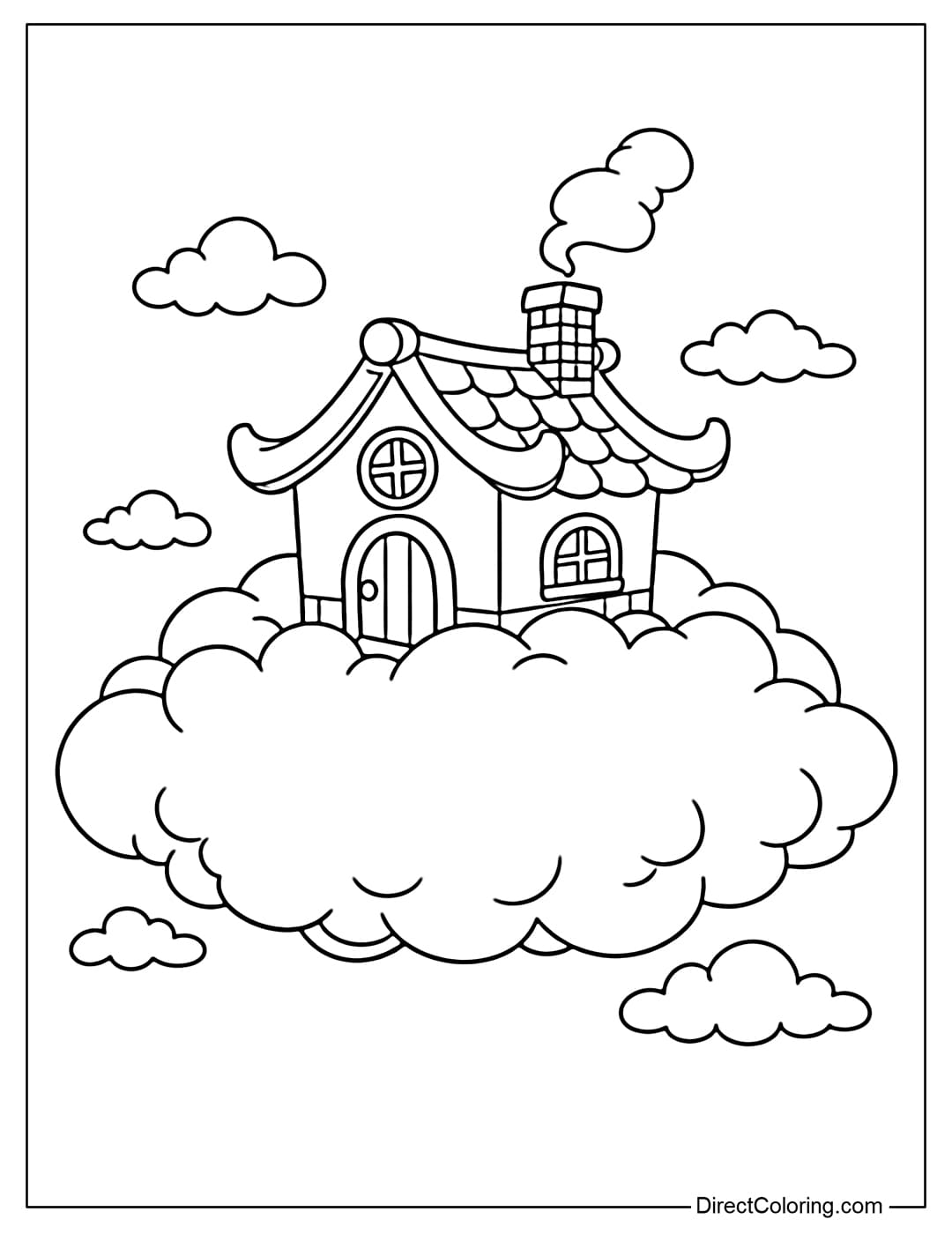 A coloring page of a large fluffy cloud, with a cute little house with a curved roof, round windows, and a pretty chimney on top.