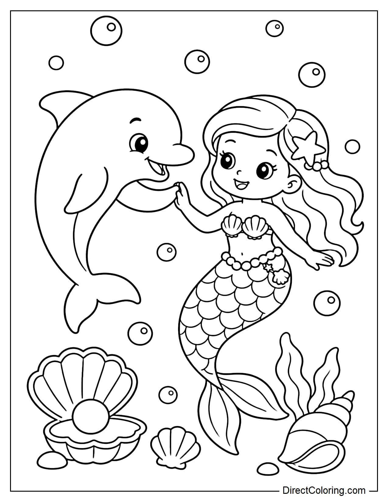 A dolphin is swimming next to a cute mermaid, both touching hands like best friends, surrounded by several large bubbles and seashells.