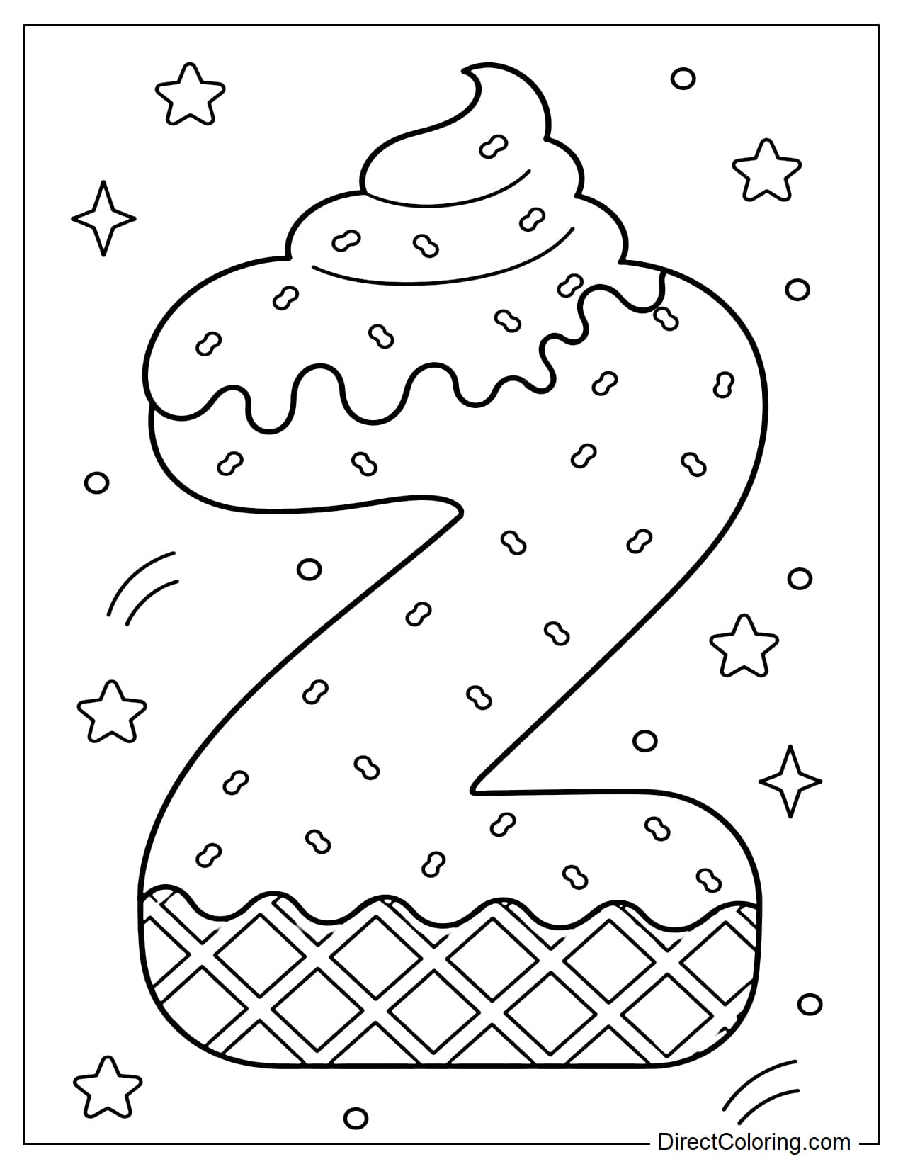 A large, bubble-shaped uppercase Z made from soft-serve ice cream, with a lightly melted cream topping, sprinkles all over the letter, and a waffle-like texture at the base. It's surrounded by small stars and dots.