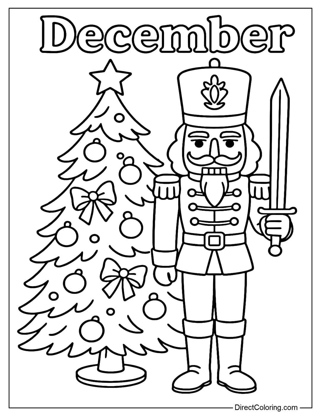 A coloring page of a Nutcracker standing majestically, holding a sword, wearing a festive uniform, next to a tall Christmas tree. Above is the white lettering December with a black border.