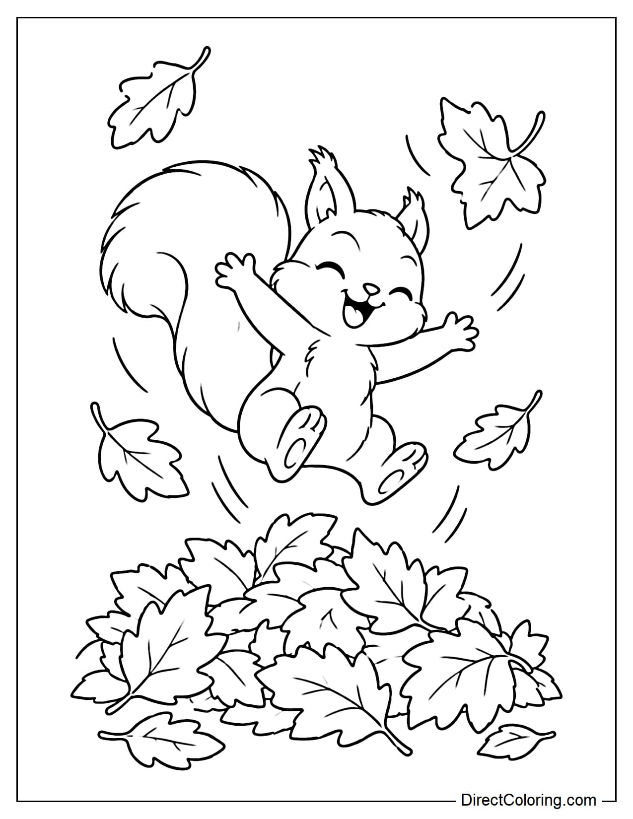 A playful squirrel happily jumping into a large pile of autumn leaves with its arms spread wide, legs raised, and fluffy tail curving behind it.