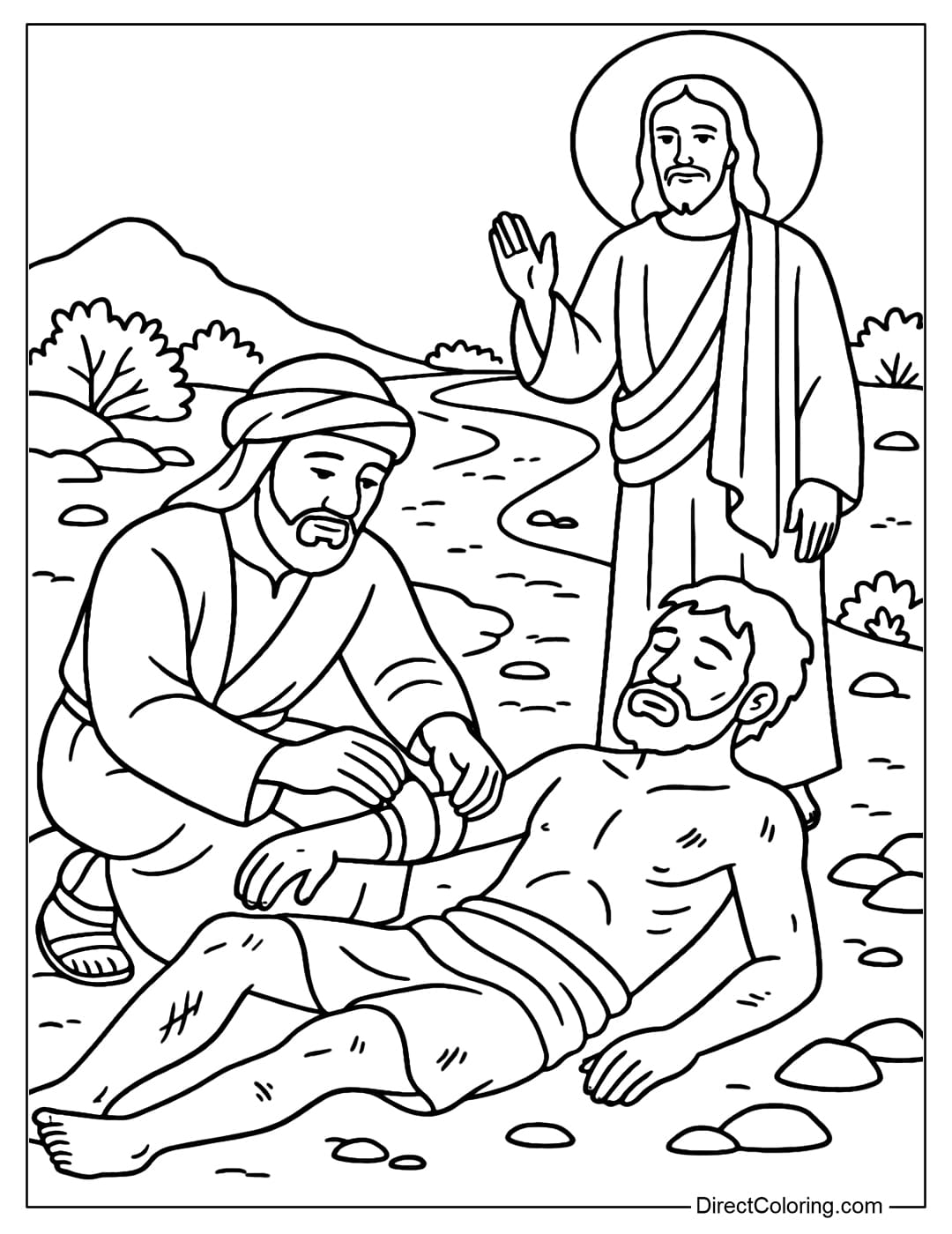 The good Samaritan (Bible story) is bandaging and helping the injured man, Jesus appears as an illustration of the story.