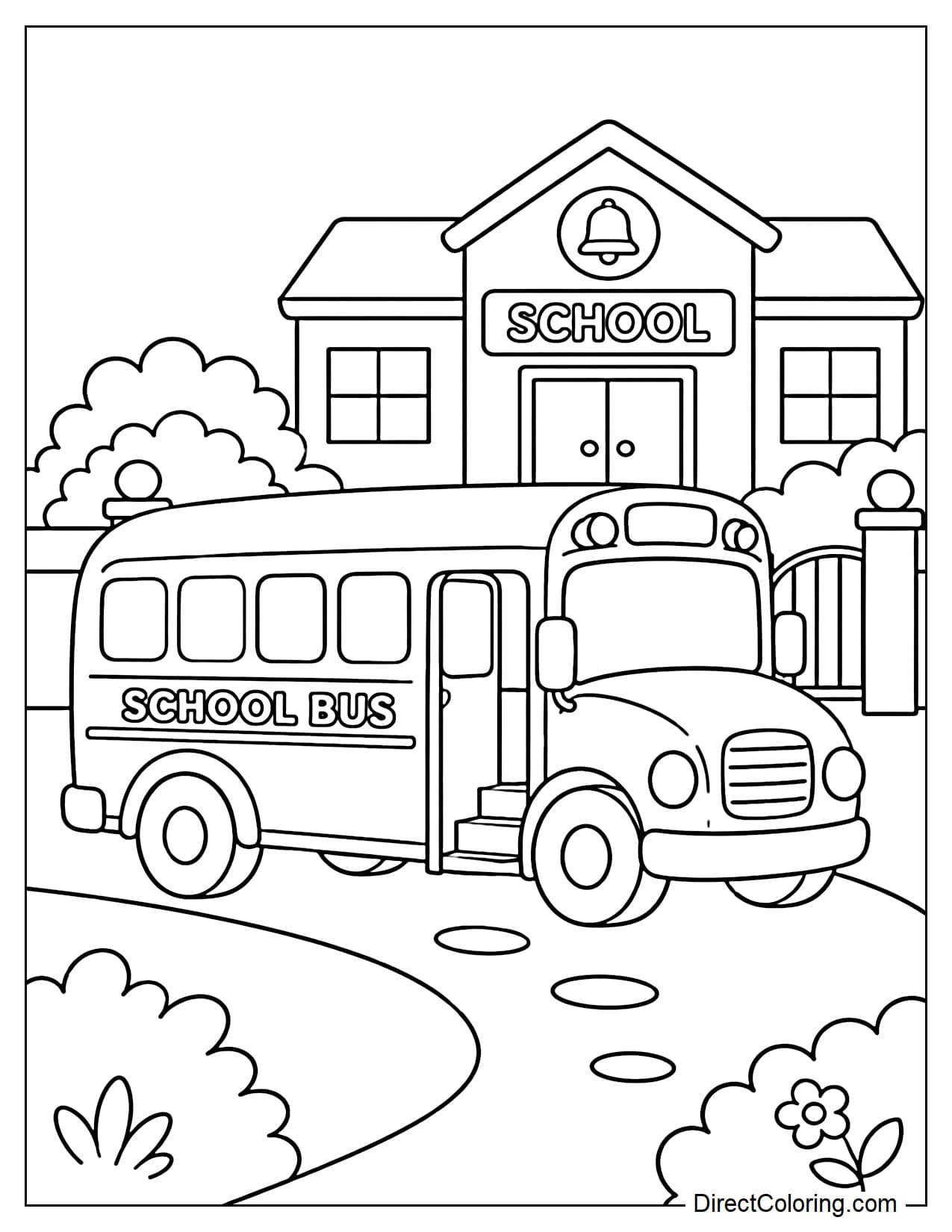 A large school bus is parked in front of the school gate, with the words 