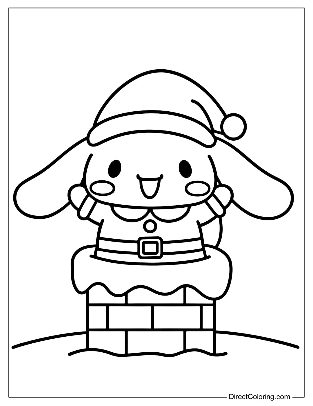 Coloring page of Cinamoroll dressed as Santa, wearing a Santa hat, half-exiting the chimney.
