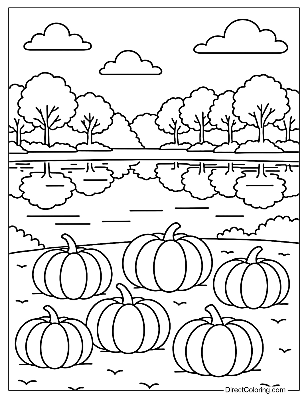 A pumpkin meadow coloring page by a calm lake, reflecting the autumn sky and the rows of red and yellow leaves on the shore.