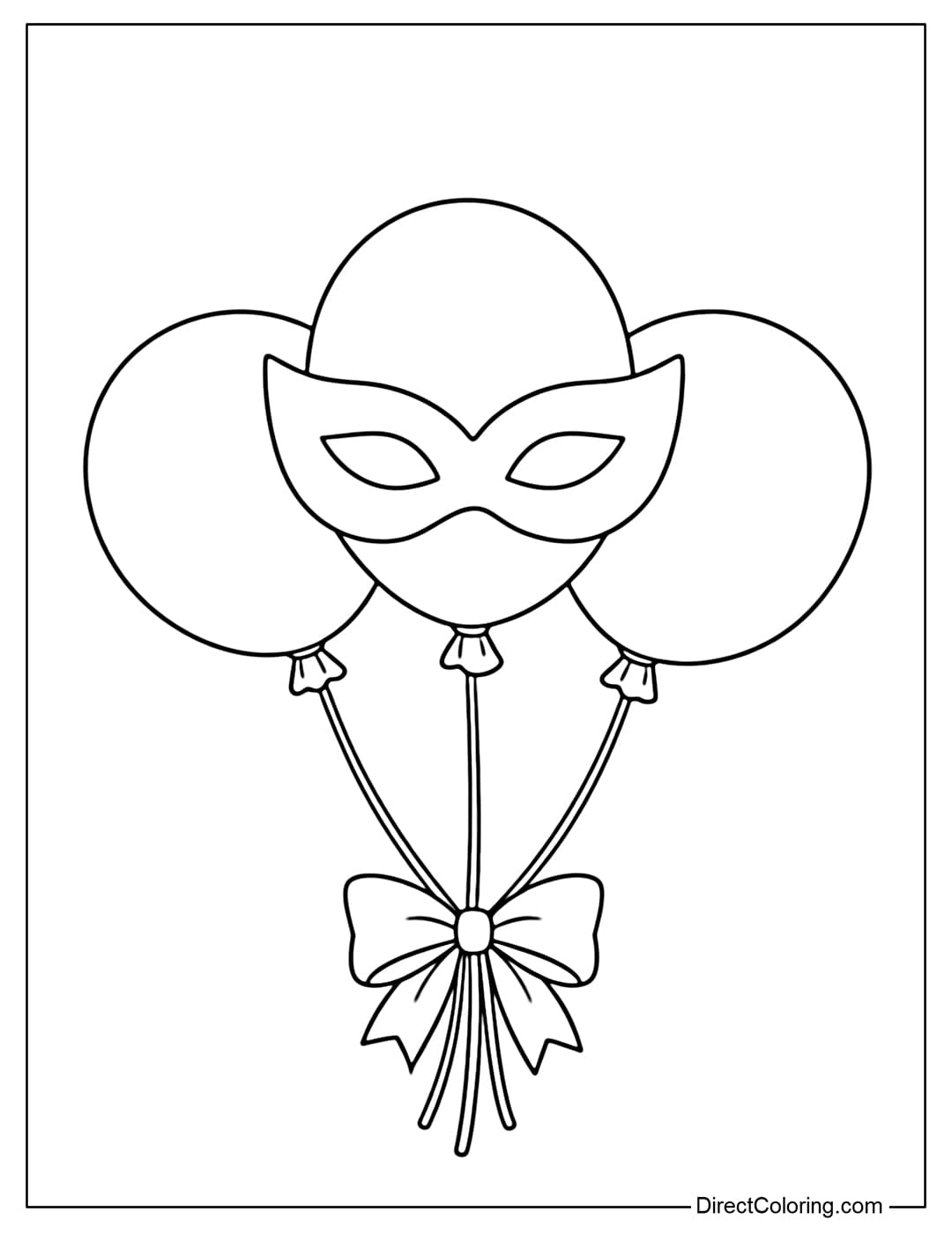 A coloring page of three large round balloons with bows, one wearing a Mardi Gras mask.