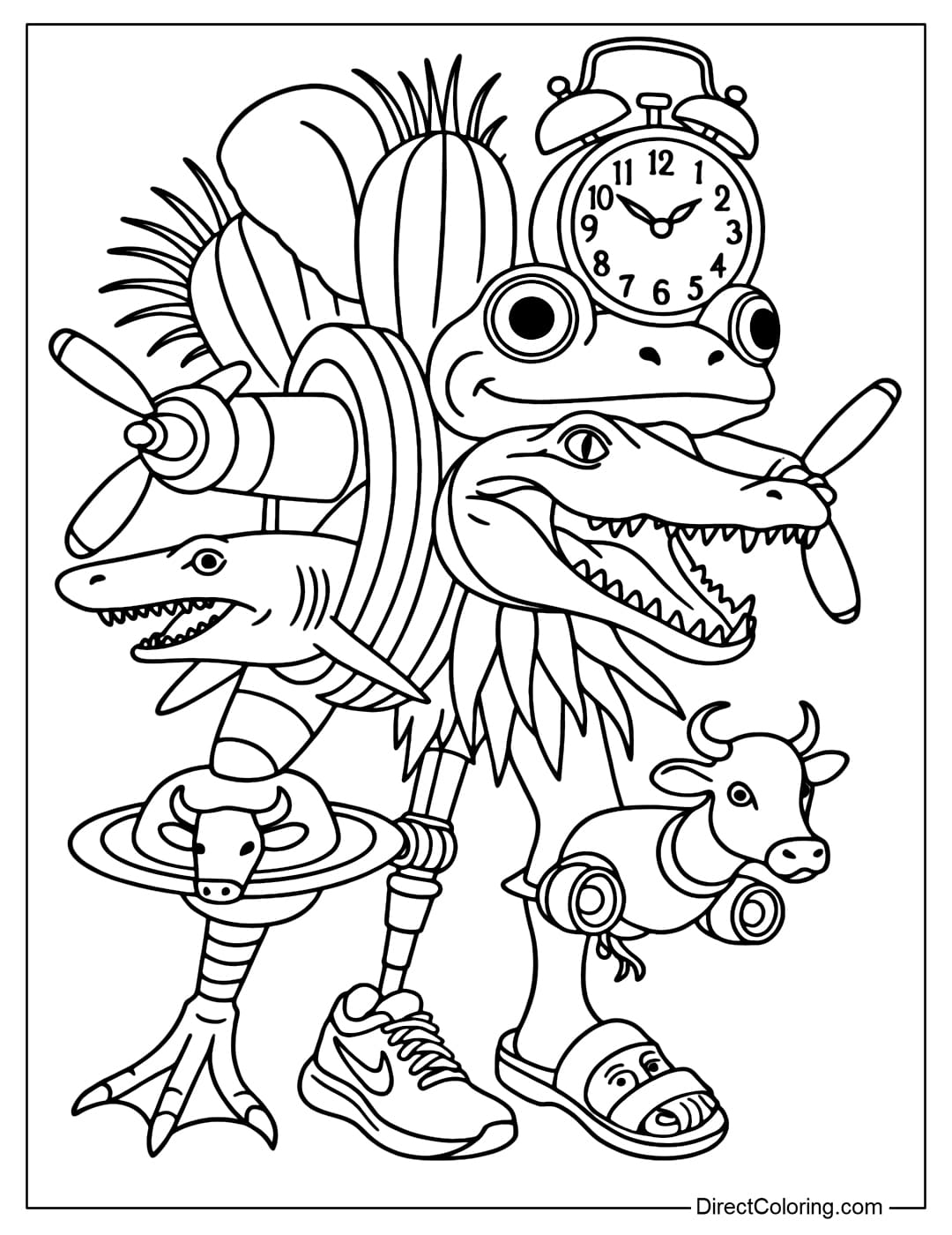 Coloring page of a mixed creature Italian Brainrot La vaca Trippa troppa Bombombini Gusini Tralala Lirilira Tung Tung Sahur boneka Tung Tung tralalelo cappuccino assasine Trippi troppa Crocodina fruli frulia.