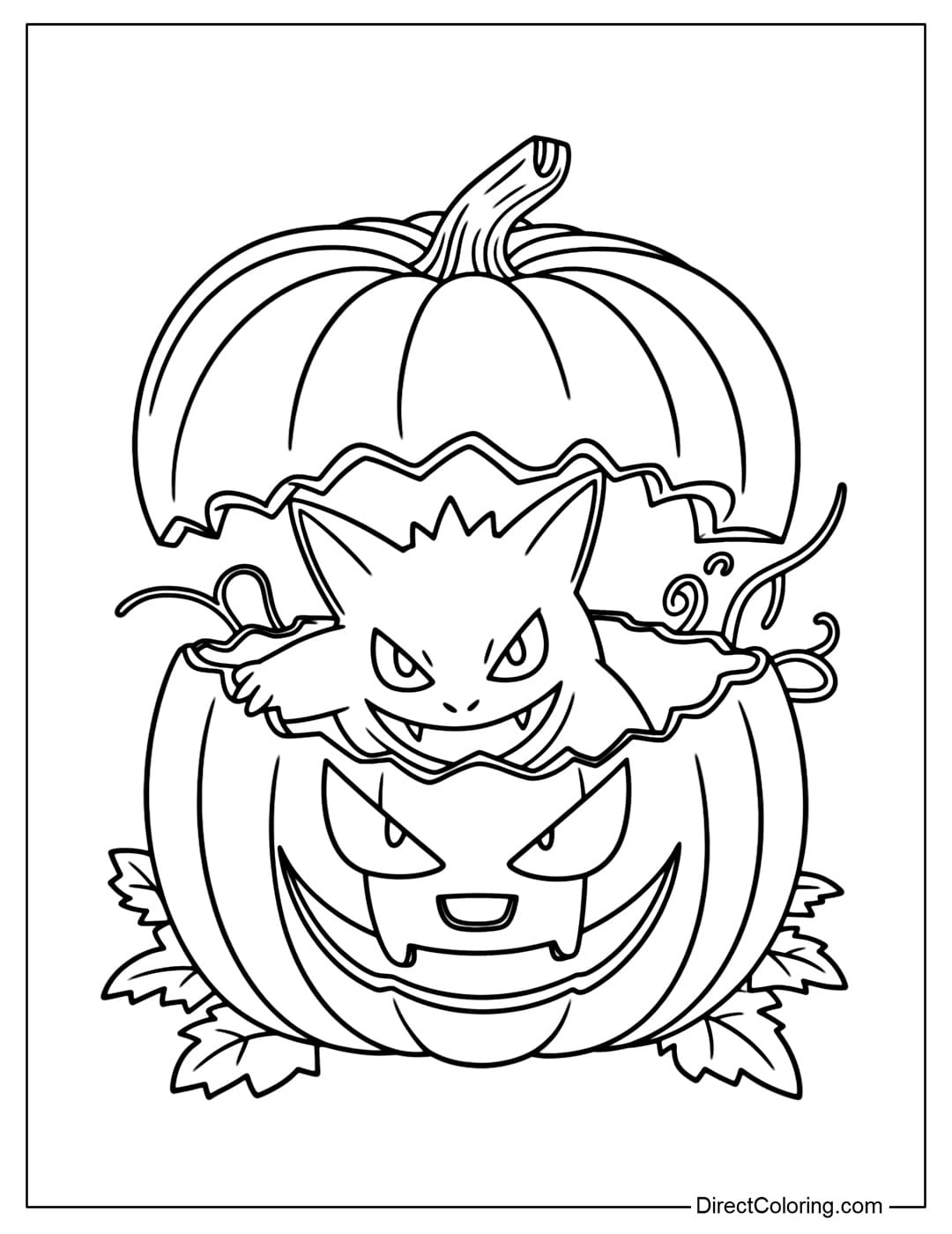 Coloring page of Gengar emerging from a giant pumpkin, smiling slyly.