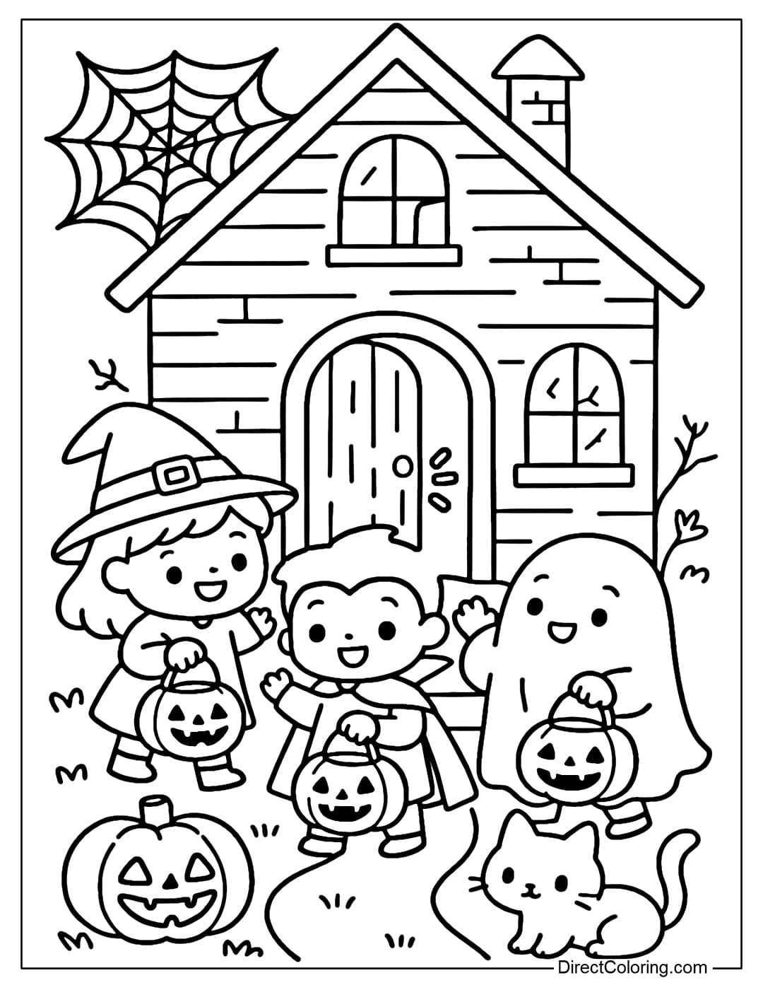Coloring page of a haunted house with a half-open wooden door, three children knocking on the door to ask for candy, the yard has pumpkin lanterns, black cats and spider webs.