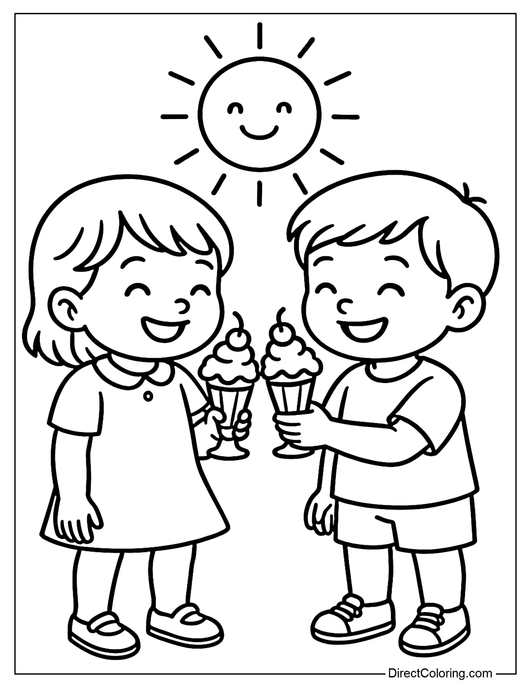 Coloring page of two children clinking ice cream cups - behind is a gentle smiling sun.