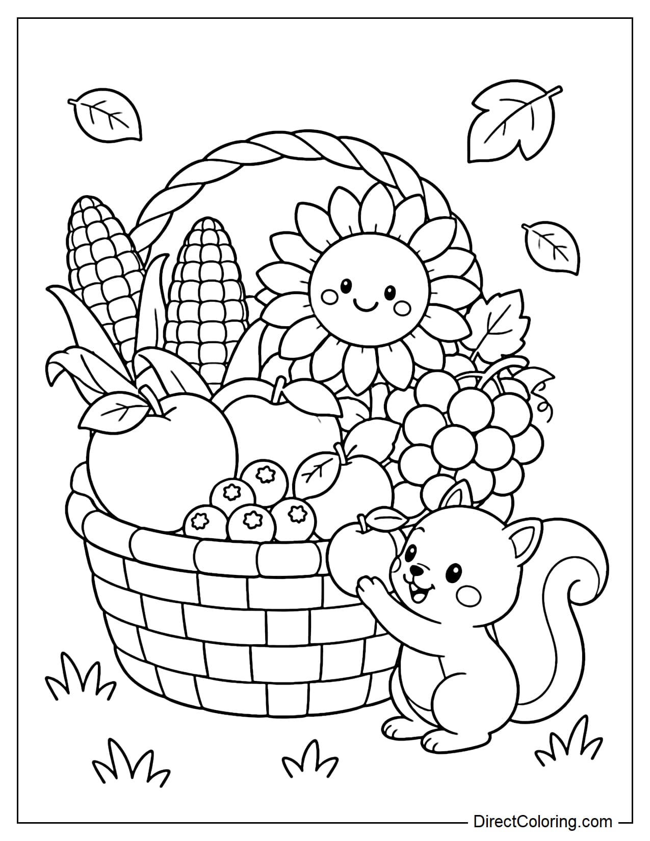 A large late-summer harvest basket containing corn, peaches, blueberries, grapes, and sunflowers, with a squirrel adding more fruit to the basket.