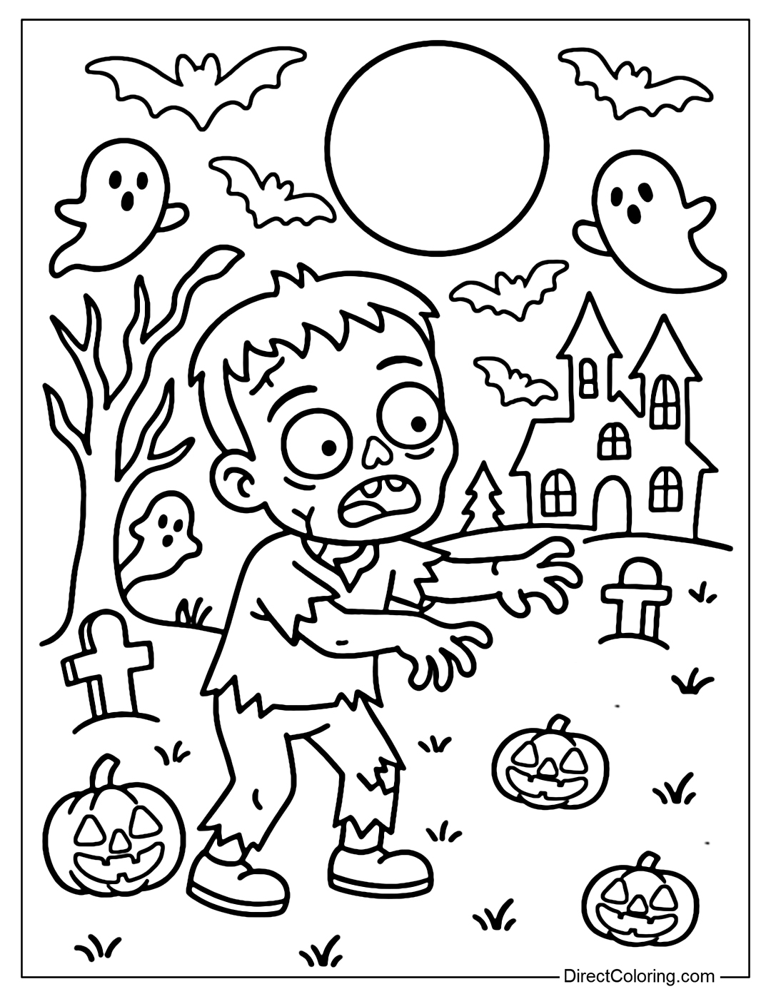 A coloring page of zombies in a mysterious Halloween night scene: the background is a cemetery with tombstones and dead trees, in the distance is a haunted house under the bright full moon.