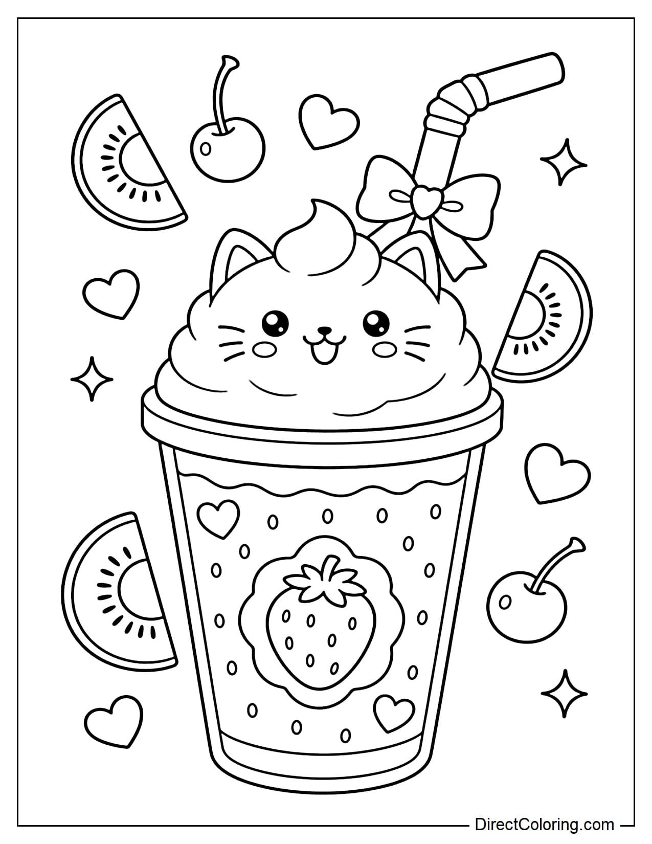 A strawberry smoothie with whipped cream shaped like a cute cat face with little ears on top. The curved straw has a small bow and a few slices of kiwi and cherry.