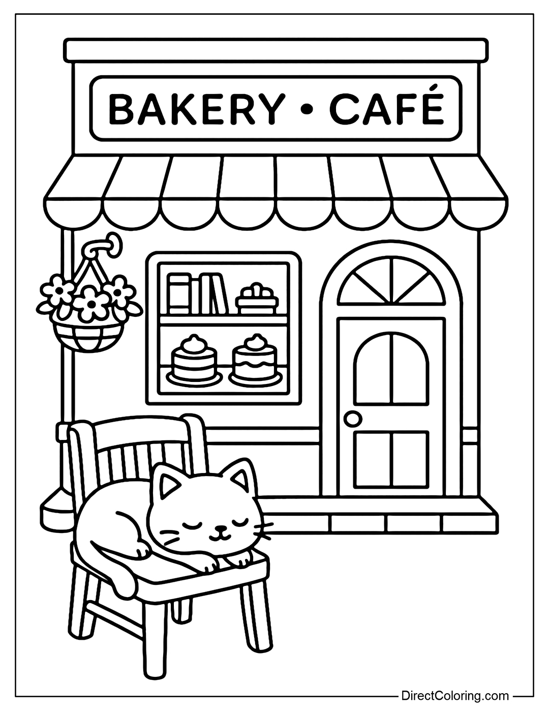 Coloring page of bakery - cafe front view, porch with flower baskets; kitten lying on a chair; inside the small bookshelf next to the mousse and tiramisu shelves.
