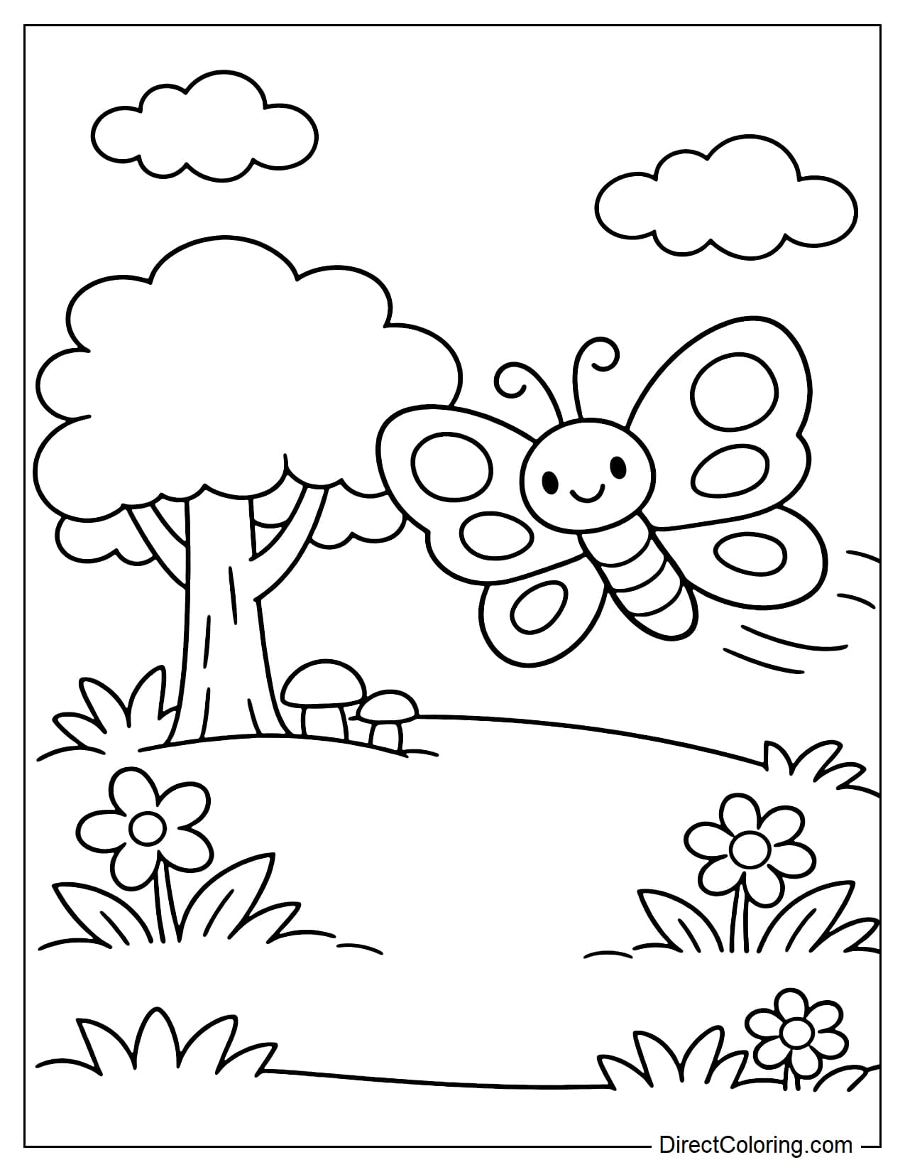 A butterfly flying near a simple tree and grass.